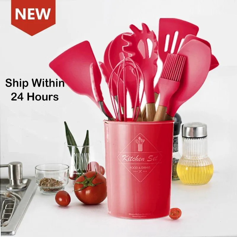 12 PCs Non stick Silicone Cooking Set-Red