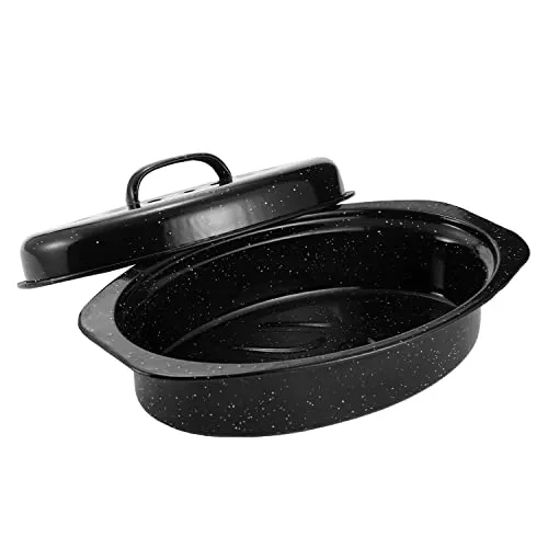 13” Enameled Oval Roasting Pan with Domed Lid - For 7lb Turkey, Chicken, Lamb, Vegetables