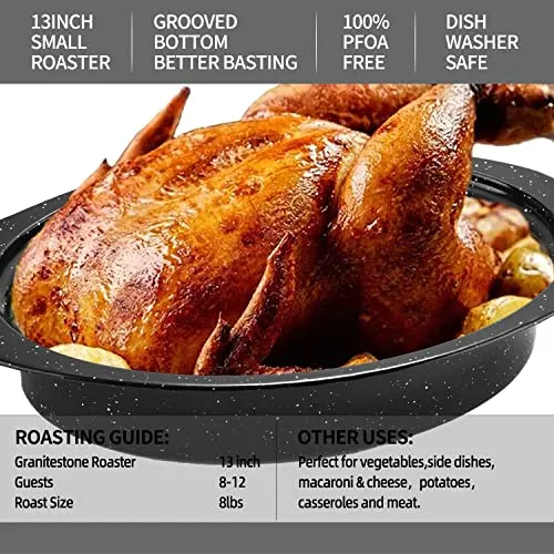 13” Enameled Oval Roasting Pan with Domed Lid - For 7lb Turkey, Chicken, Lamb, Vegetables