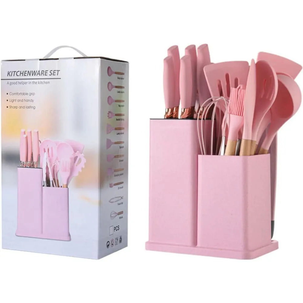 19 PCs Silicon Cooking & Knife Set With Board-13941Solid Pink