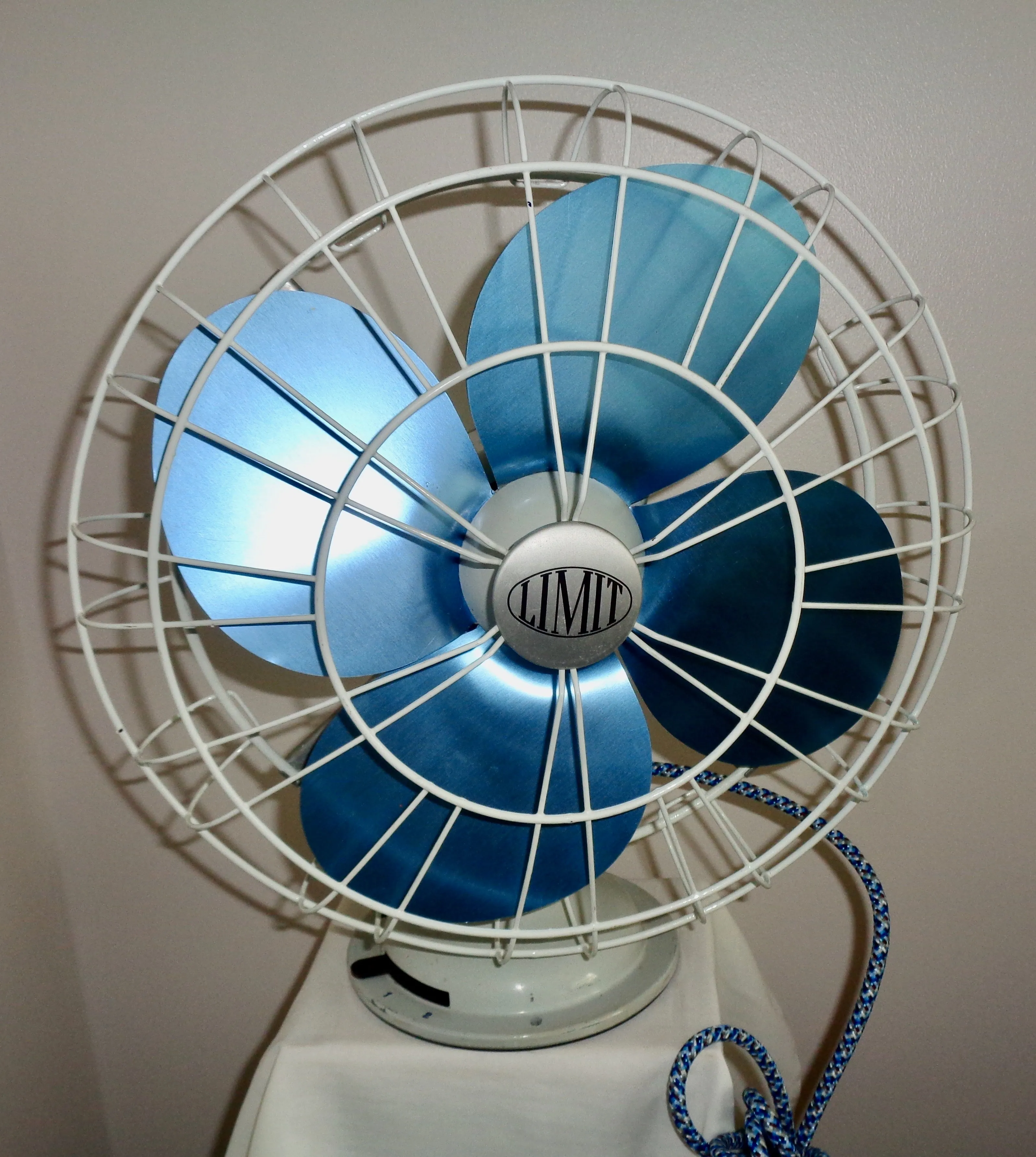 1950s 12 inch Vintage Limit Desk Fan With Blue Blades And Grey Body