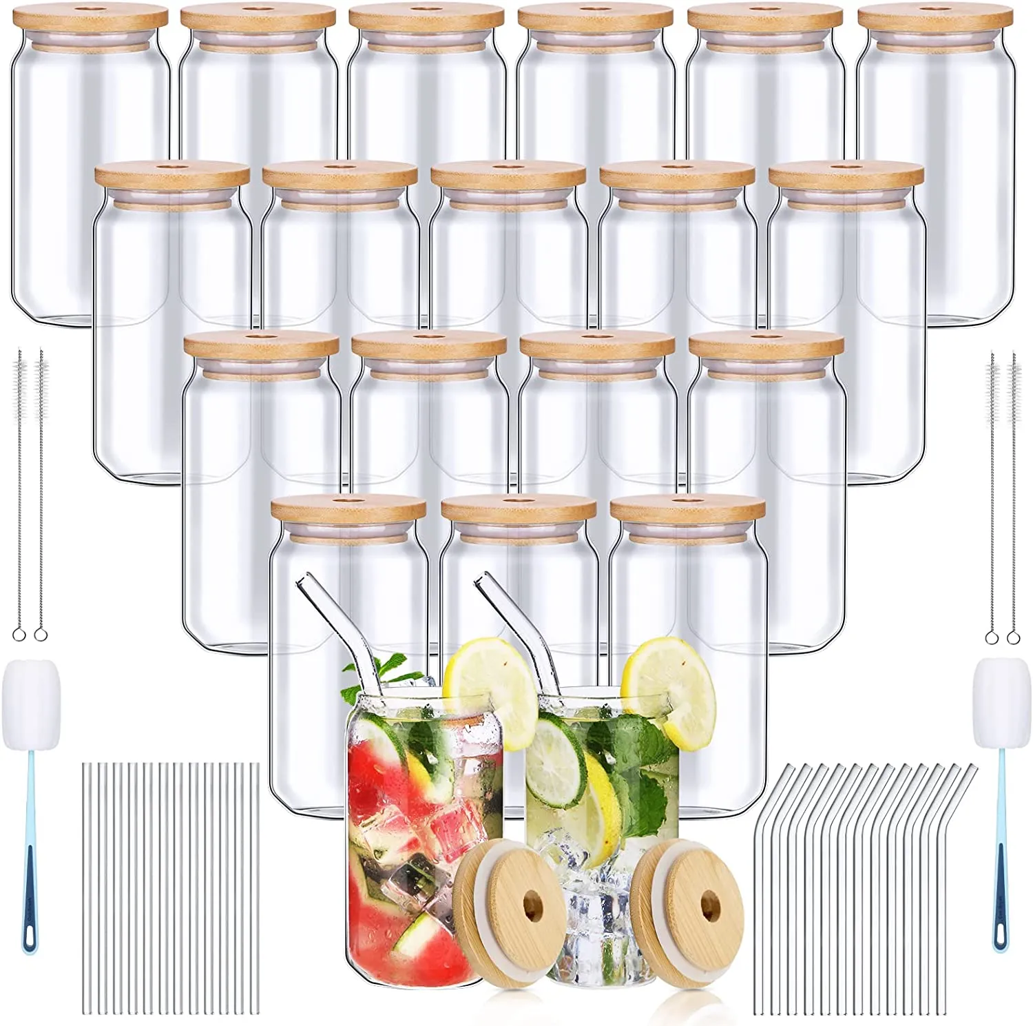 20 Pack Beer Can Glass Cups with Bamboo Lids and Glass Straws 16oz Clear Drinking Glass Tumbler Can Shaped Glass Cups Reusable Cute Glass Jars for Iced Coffee Cup Cocktail Soda Tea,Water