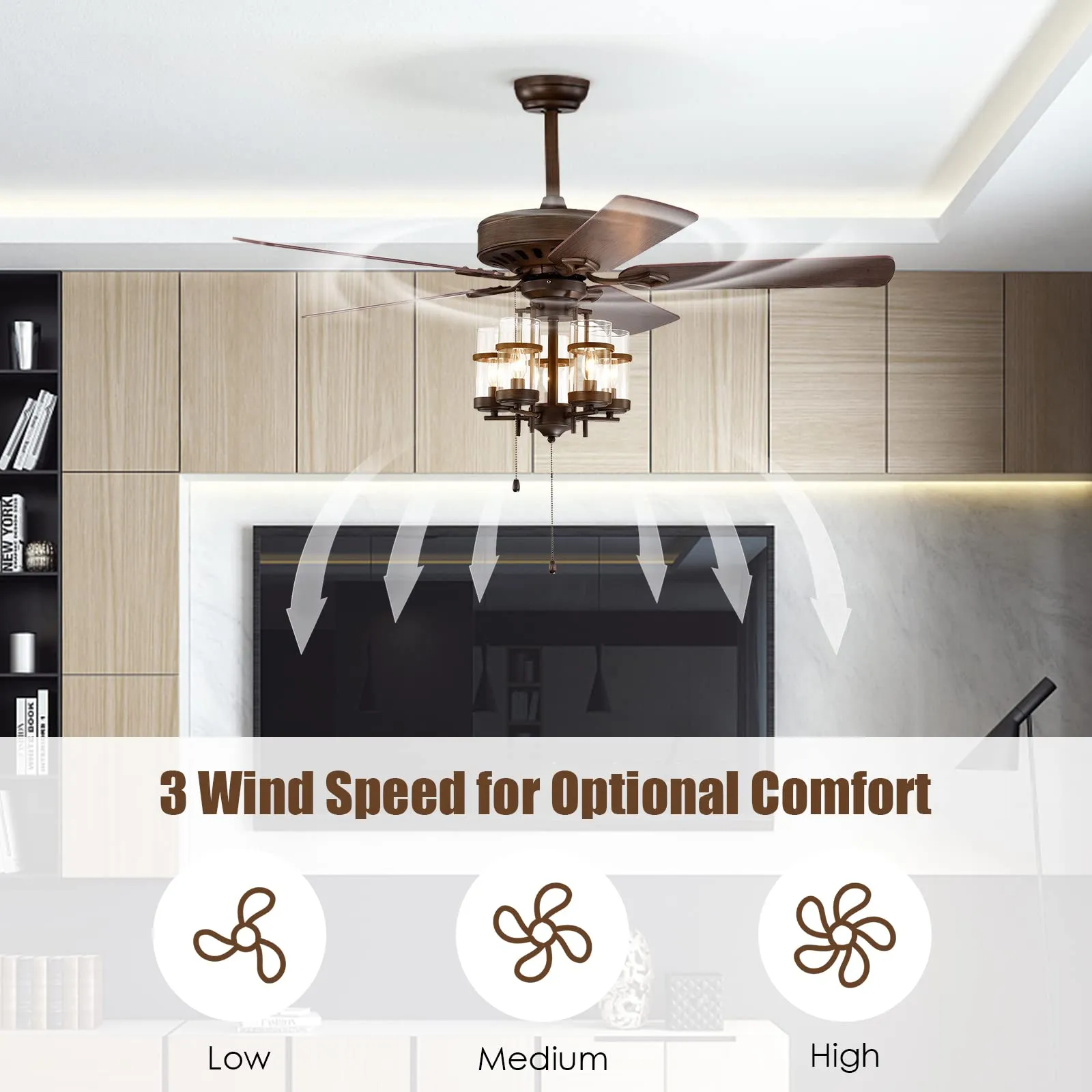 50-Inch Ceiling Fan Light, Classic Ceiling Fan Lamp with 5 Explosion-proof Glass Lampshades