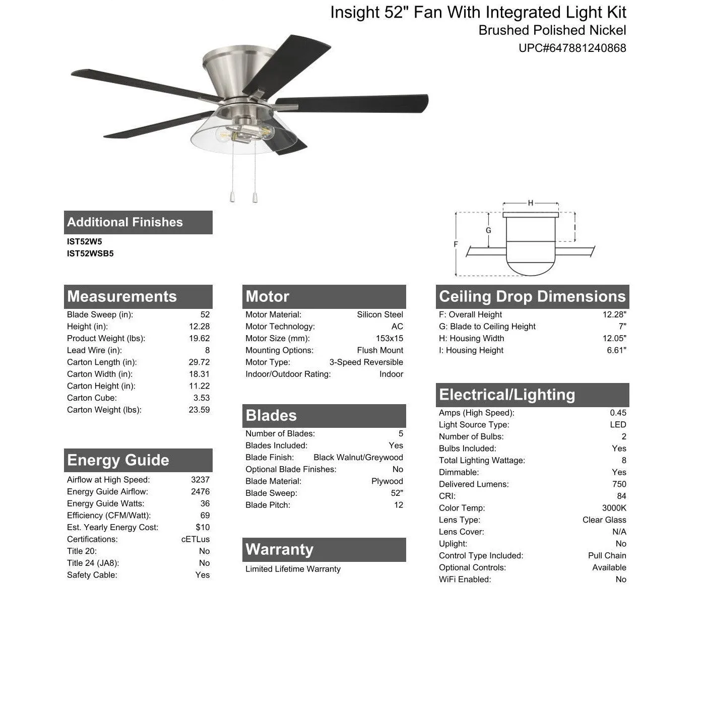 52" Insight Brushed Nickel Finish, Black Walnut/Greywood Blades, Integrated Light kit Included