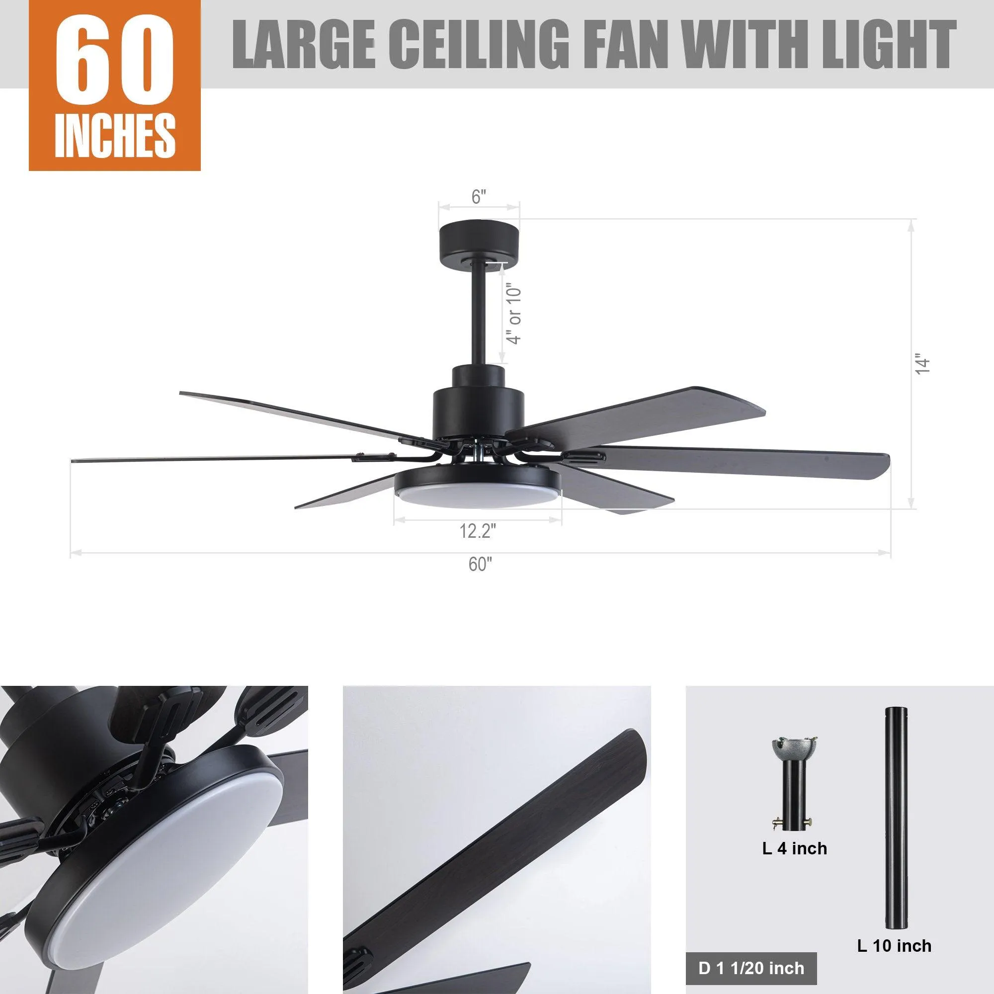 60" Industrial DC Motor Downrod Mount Reversible Ceiling Fan with Lighting and Remote Control