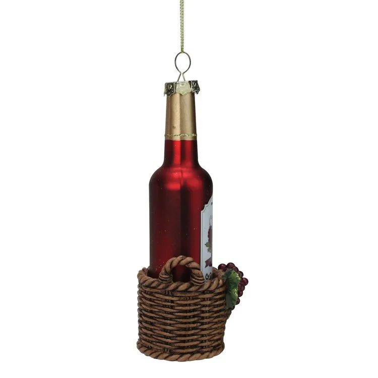 6.25" Red and Gold Wine Bottle in Basket Christmas Ornament