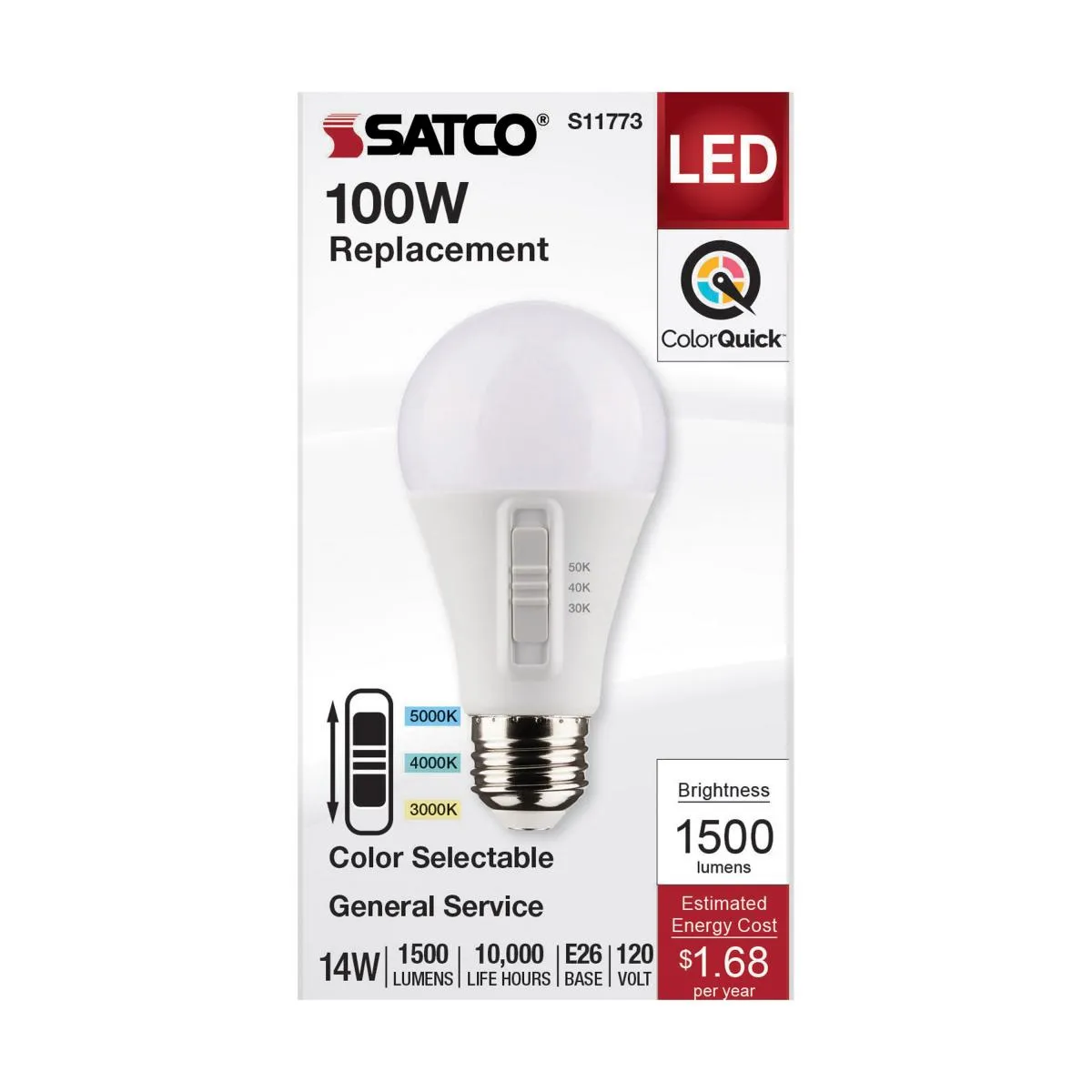 A19 LED Bulb, 14 Watts, 1500 Lumens, Selectable 30K|40K|50K, 100W Equal, E26 Medium Base