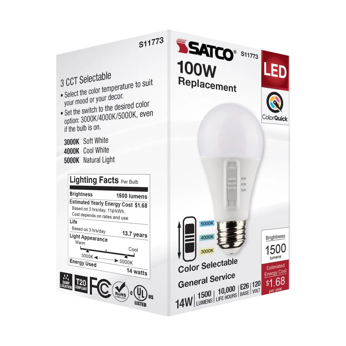 A19 LED Bulb, 14 Watts, 1500 Lumens, Selectable 30K|40K|50K, 100W Equal, E26 Medium Base