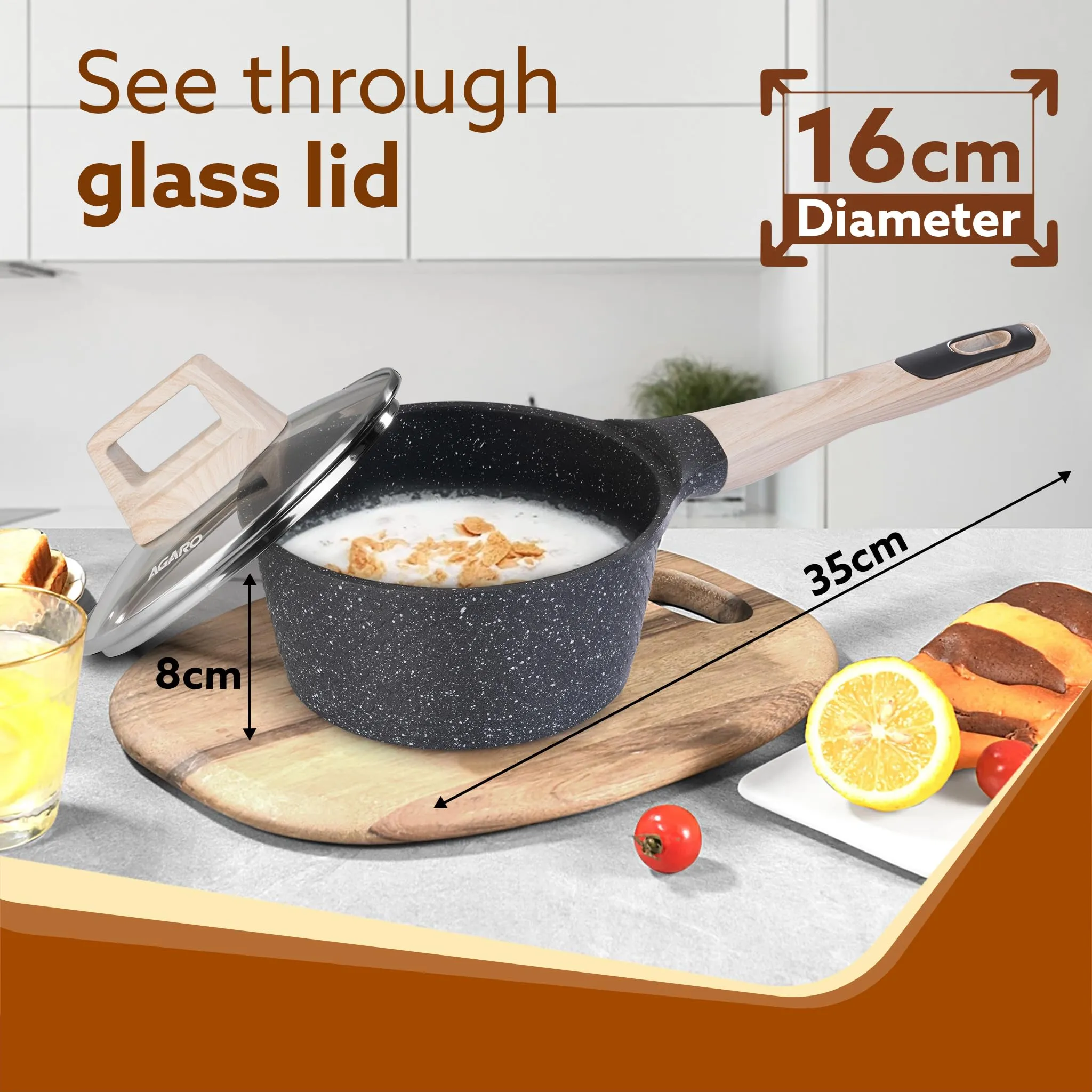 AGARO Imperial Granite Non Stick Sauce pan with Glass Lid, 1.5L / 16cm, Cast Aluminium Body, Tea Pan, Milk Pan, Soup Pan, Gas & Induction Compatible, Dark Grey.