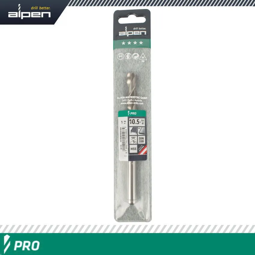 ALPEN ALPEN PRO HSS 10.5MM DRILL DIN 338 RN 135 SPLIT POINT PLASTIC WALLET ALP1840105