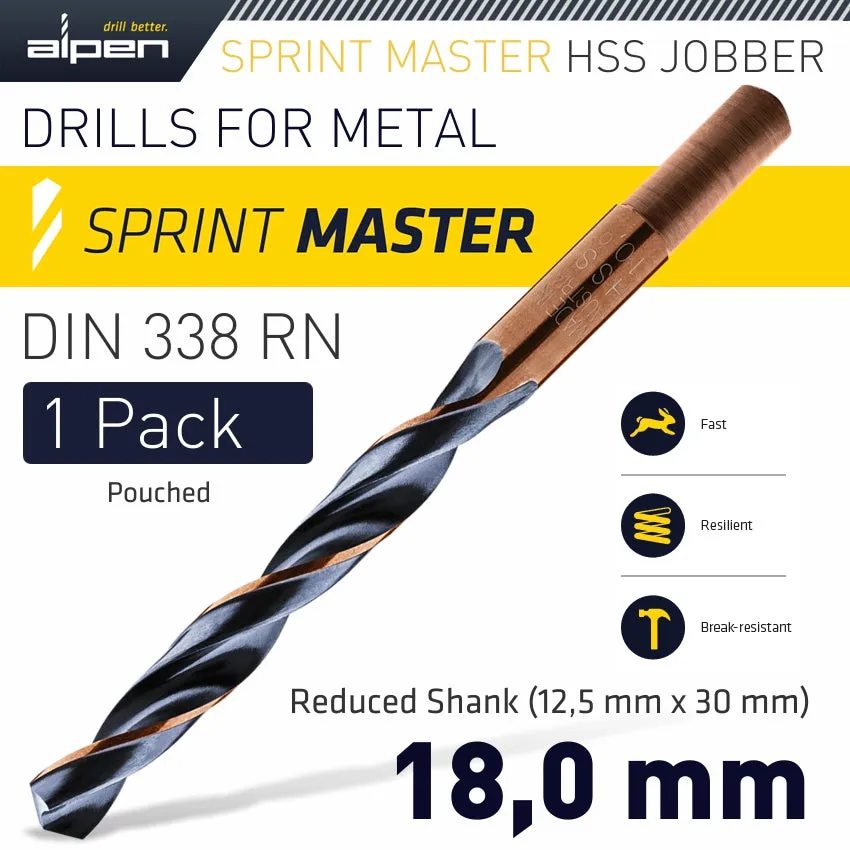 ALPEN HSS SPRINT MASTER 18.0MM RED SHANK 12.5MM X1 SLEEVED DIN338 ALPEN DRIL ALP6480180