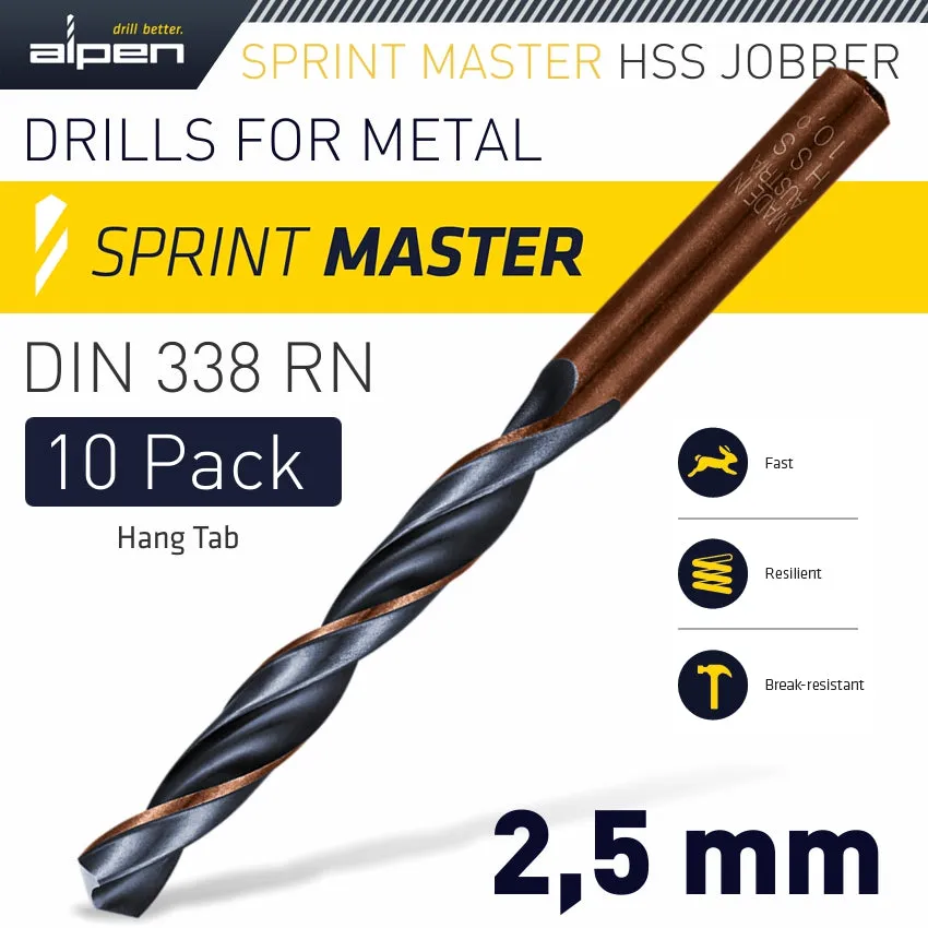 ALPEN HSS SPRINT MASTER 2.5MM 10-PACK HANG TAG DIN 338 ALPEN DRILL BITS ALP6310025