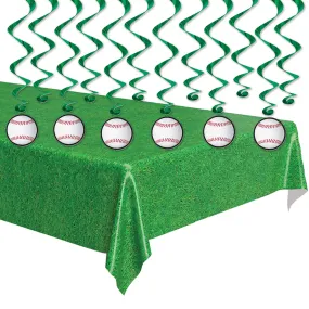 Baseball Party Supplies - Metallic Hanging Baseball Whirls and Green Grass Outfield Table Cover