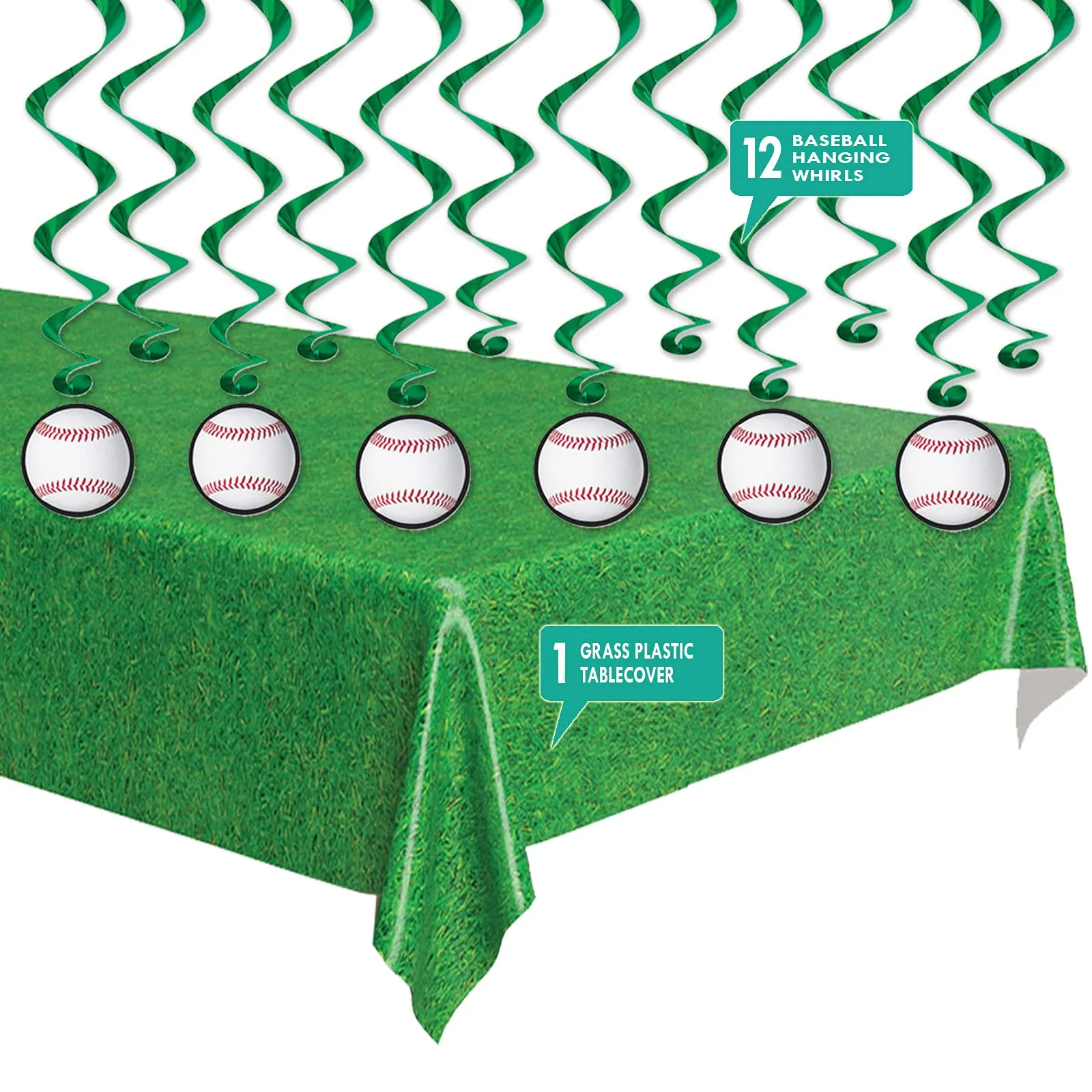 Baseball Party Supplies - Metallic Hanging Baseball Whirls and Green Grass Outfield Table Cover