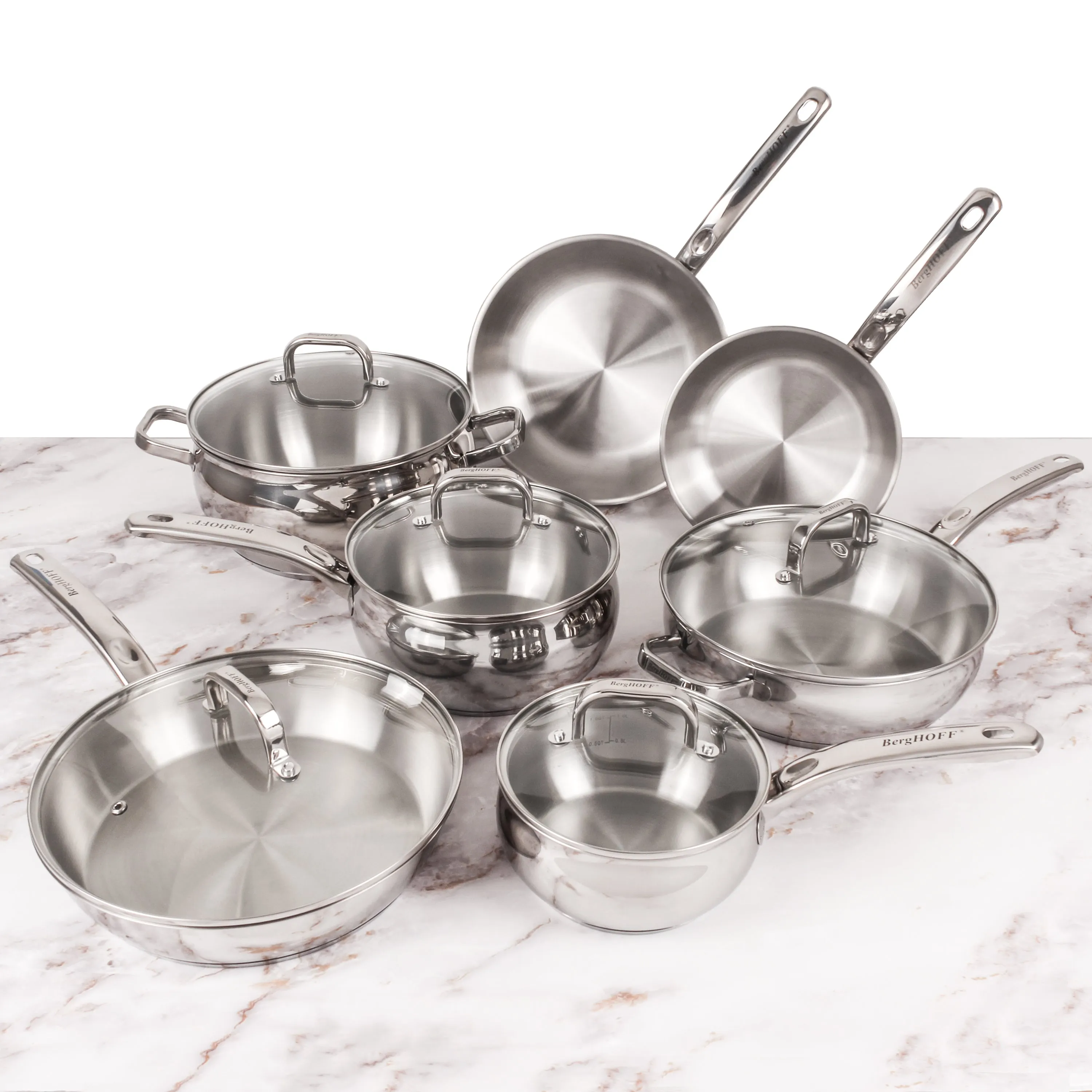 BergHOFF Belly Shape 12pc 18/10 Stainless Steel Cookware Set, Glass Lids