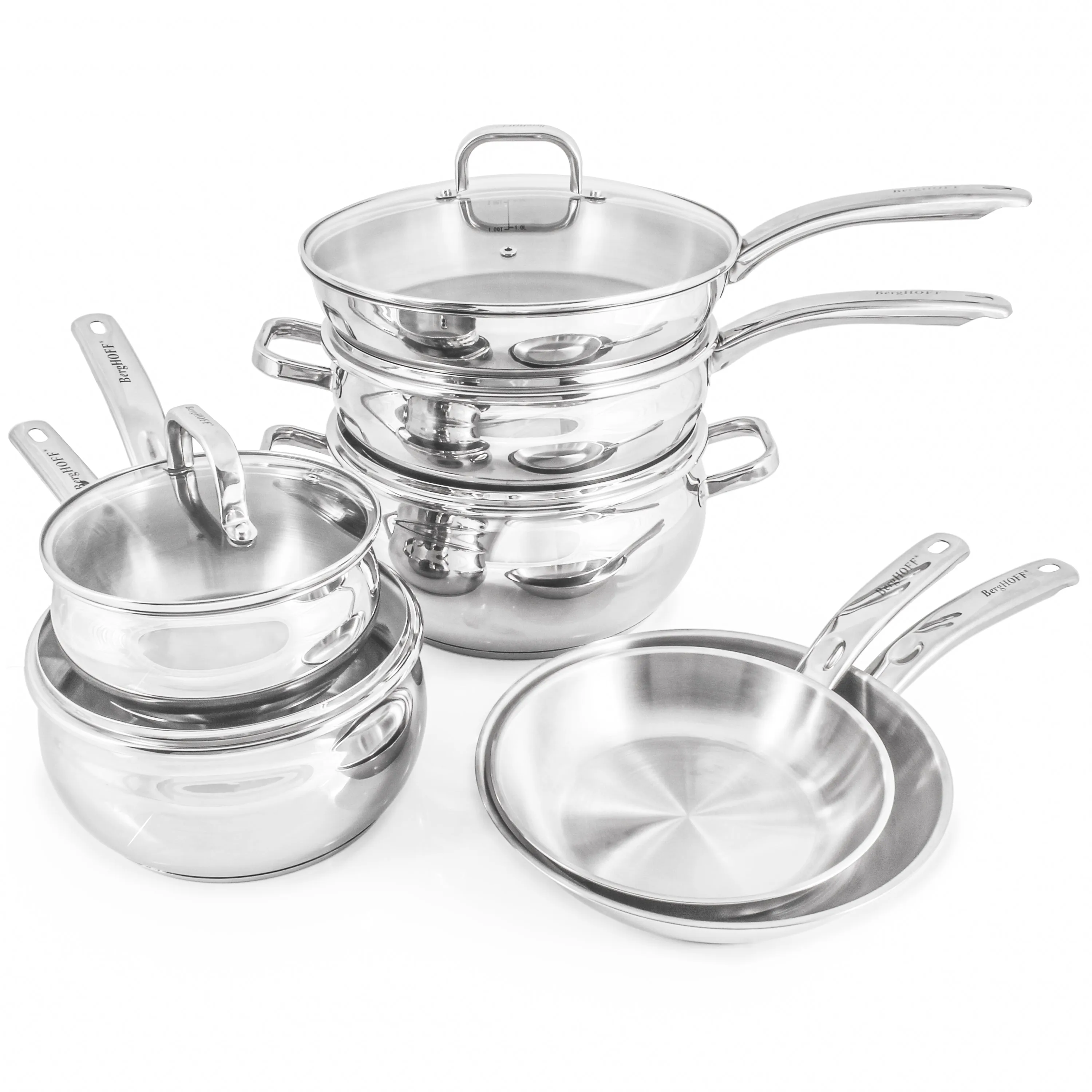 BergHOFF Belly Shape 12pc 18/10 Stainless Steel Cookware Set, Glass Lids