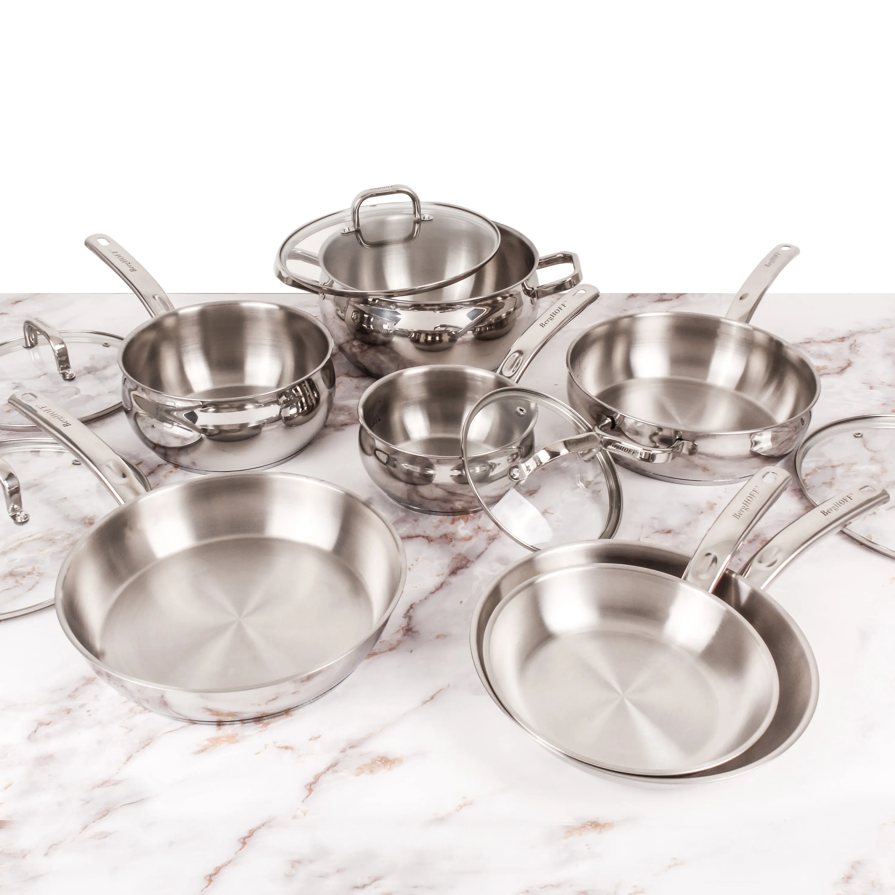 BergHOFF Belly Shape 12pc 18/10 Stainless Steel Cookware Set, Glass Lids