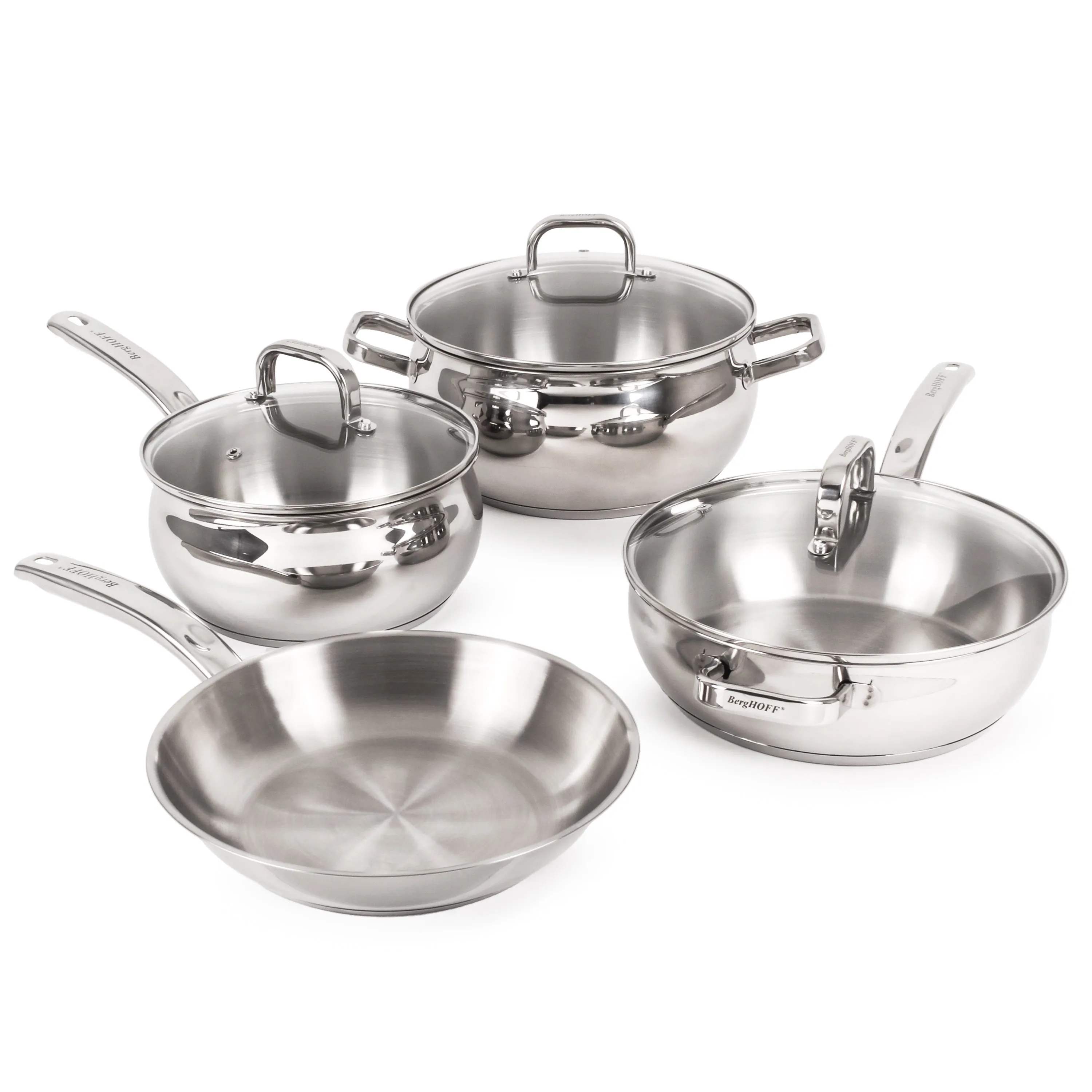 BergHOFF Belly Shape 7pc 18/10 Stainless Steel Cookware Set with Glass Lids