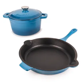 BergHOFF Neo 3pc Cast Iron Cookware Set, Fry Pan & Round Dutch Oven, Blue