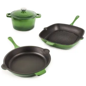 BergHOFF Neo 4pc Cast Iron Cookware Set, Fry Pan, Grill Pan & Round Dutch Oven, Green