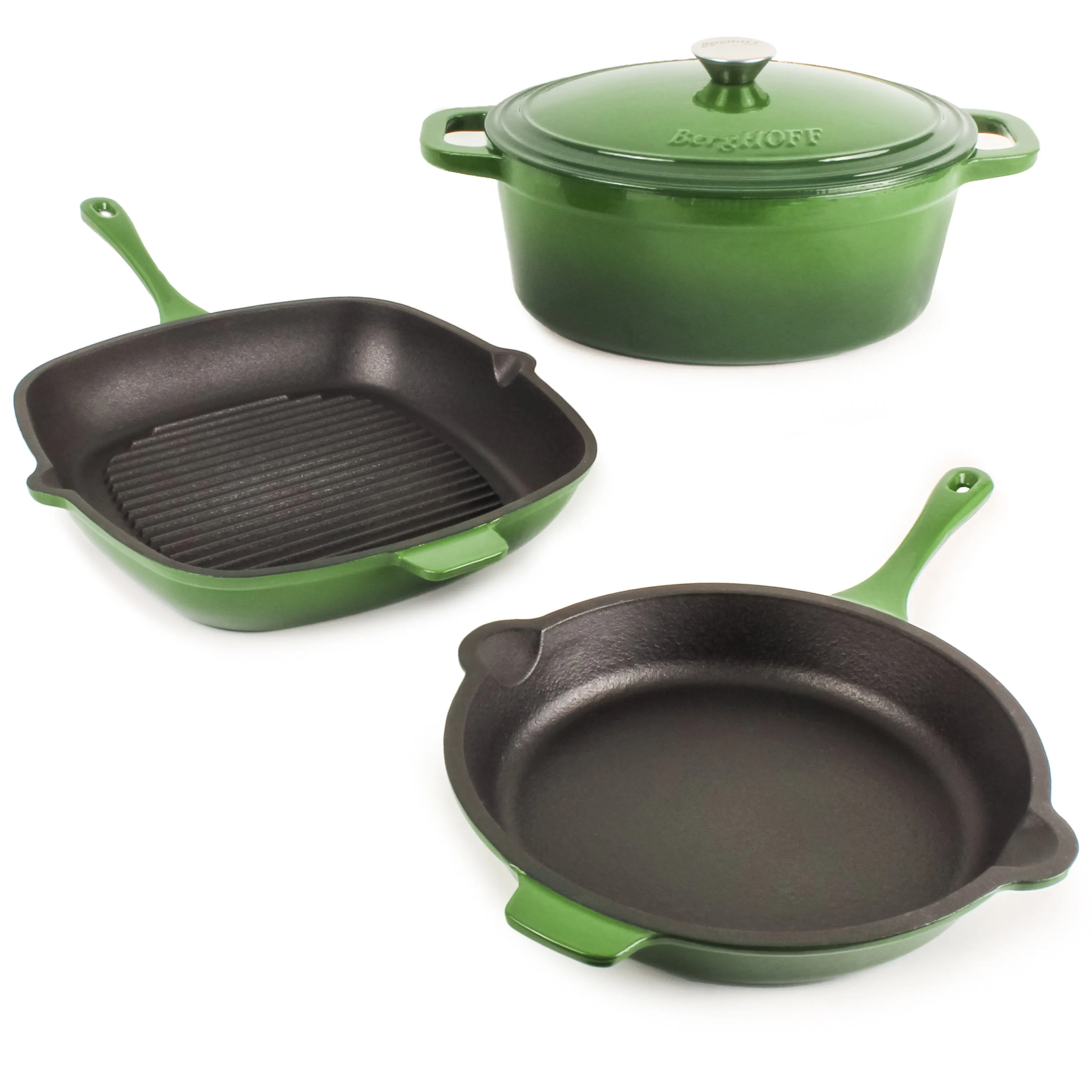 BergHOFF Neo 4pc Cast Iron Cookware Set, Grill Pan, Fry Pan & Oval Dutch Oven, Green