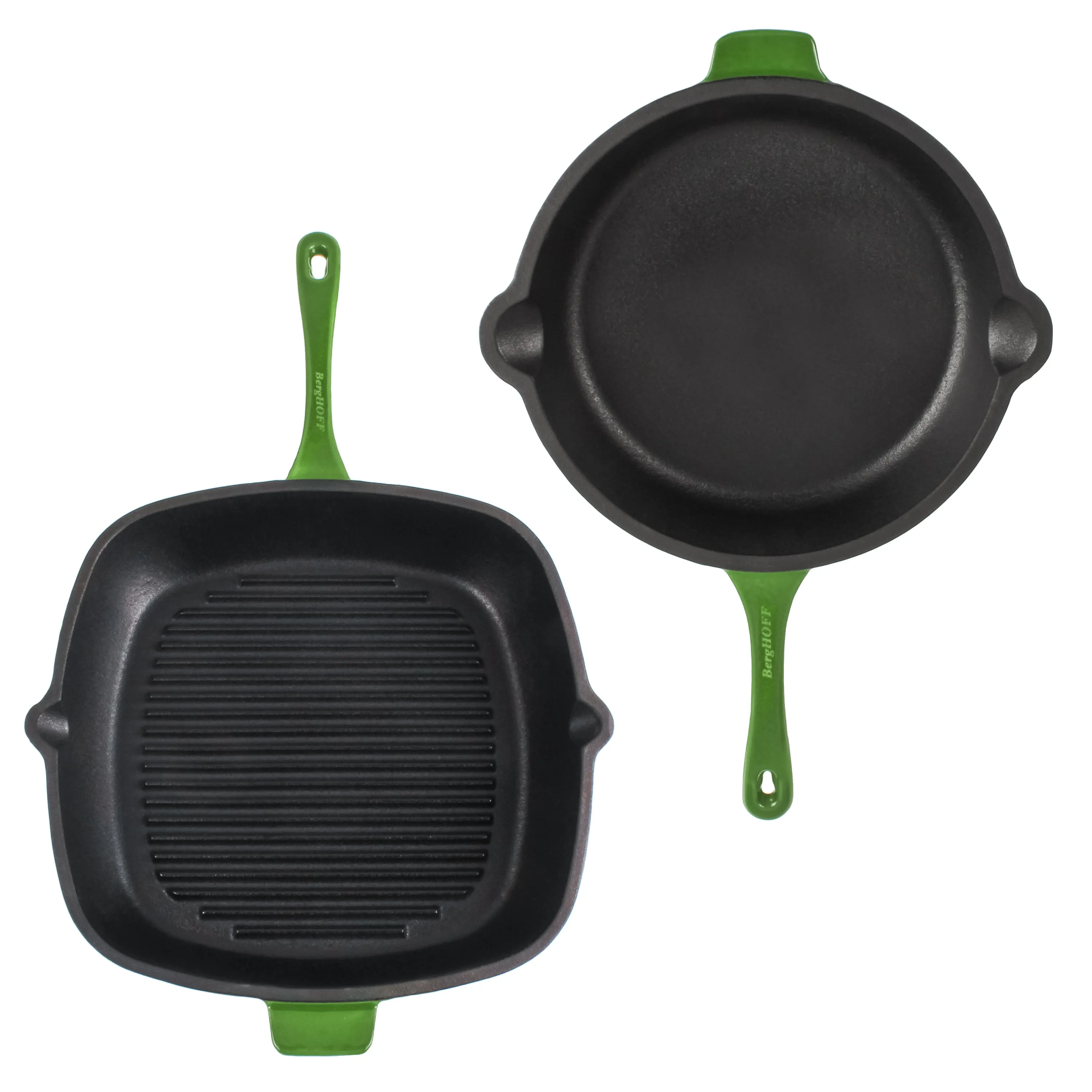 BergHOFF Neo 4pc Cast Iron Cookware Set, Grill Pan, Fry Pan & Oval Dutch Oven, Green