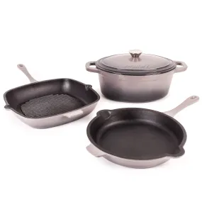 BergHOFF Neo 4pc Cast Iron Cookware Set, Grill Pan, Fry Pan & Oval Dutch Oven, Oyster