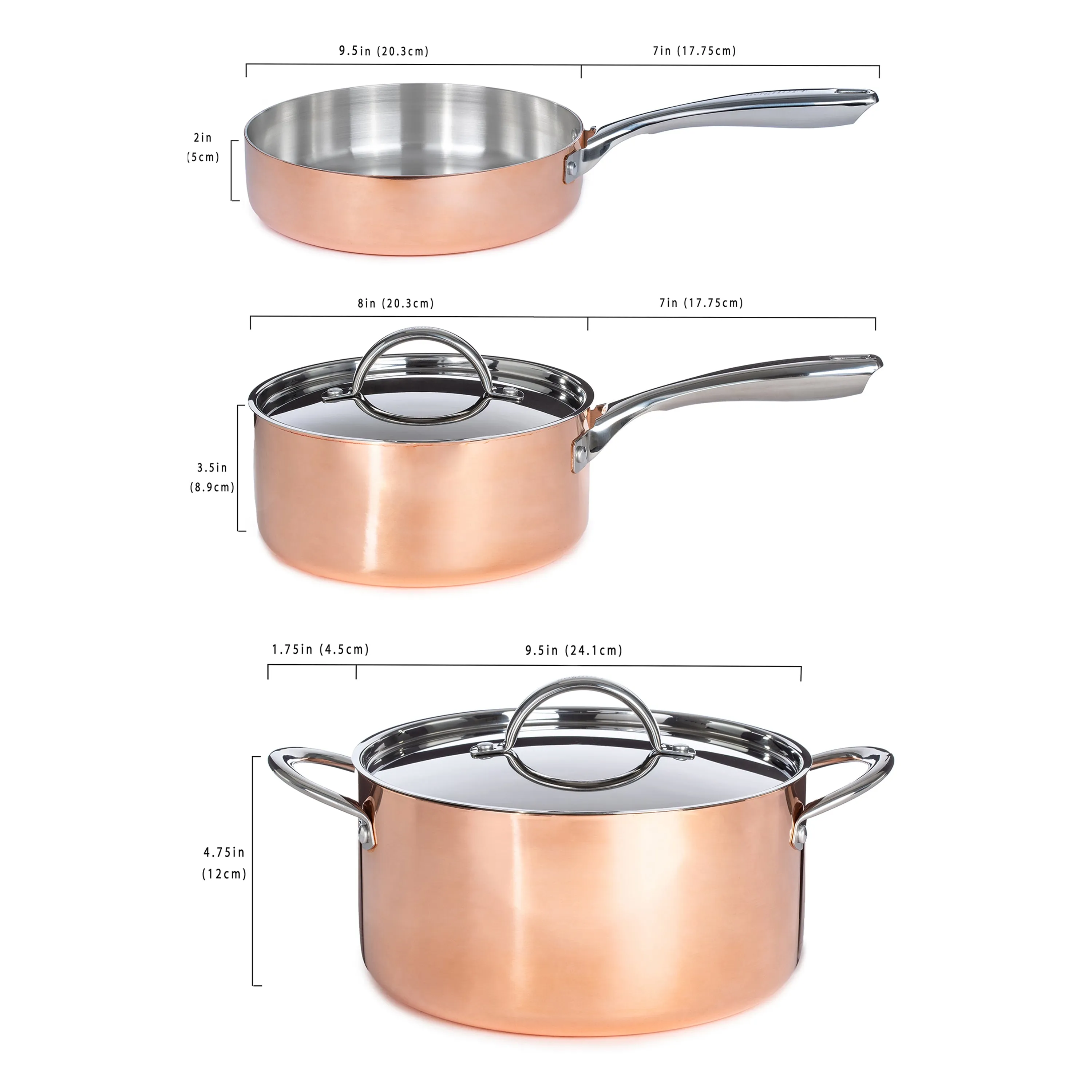 BergHOFF Vintage 5pc Tri-Ply Copper Cookware Set with Lids, Polished