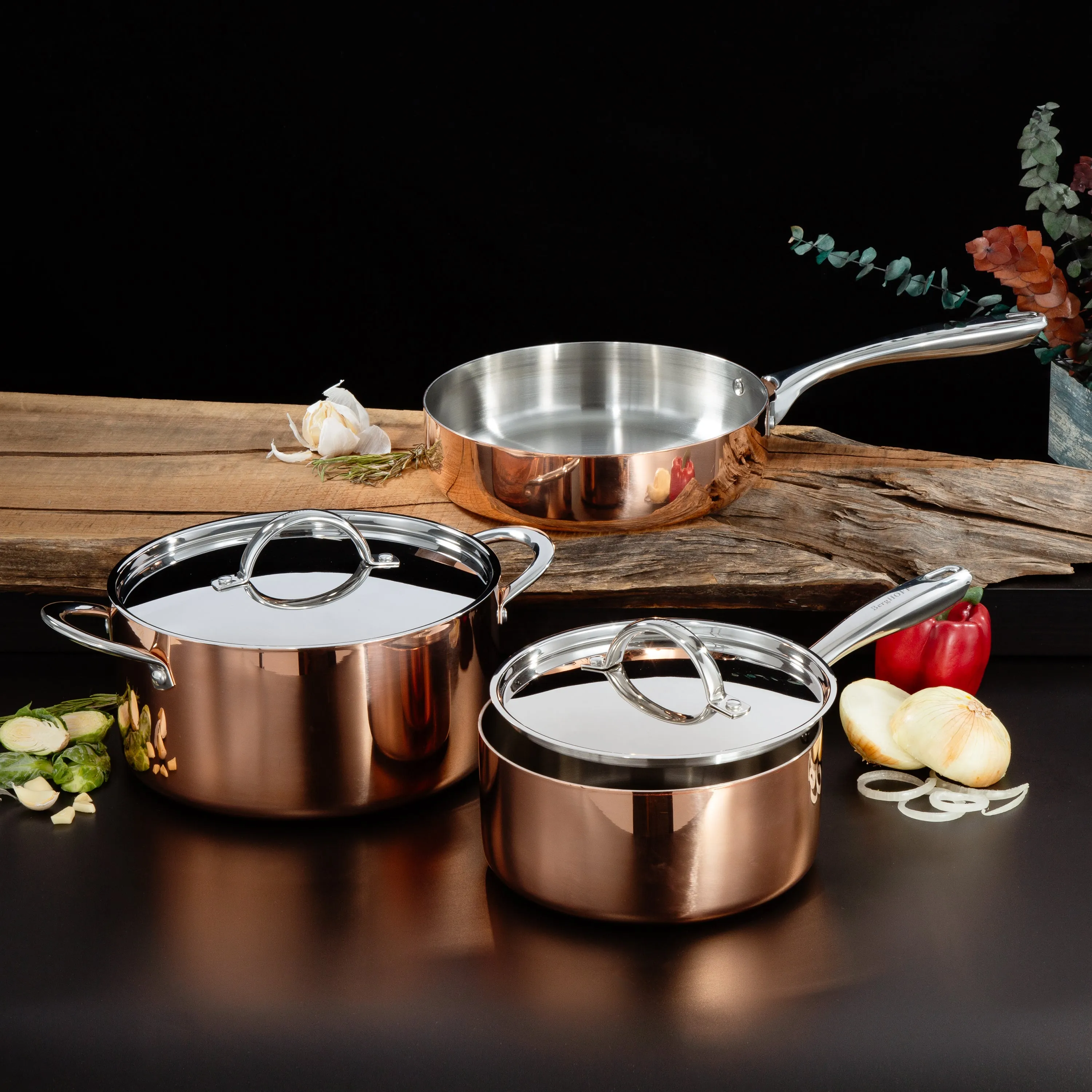 BergHOFF Vintage 5pc Tri-Ply Copper Cookware Set with Lids, Polished