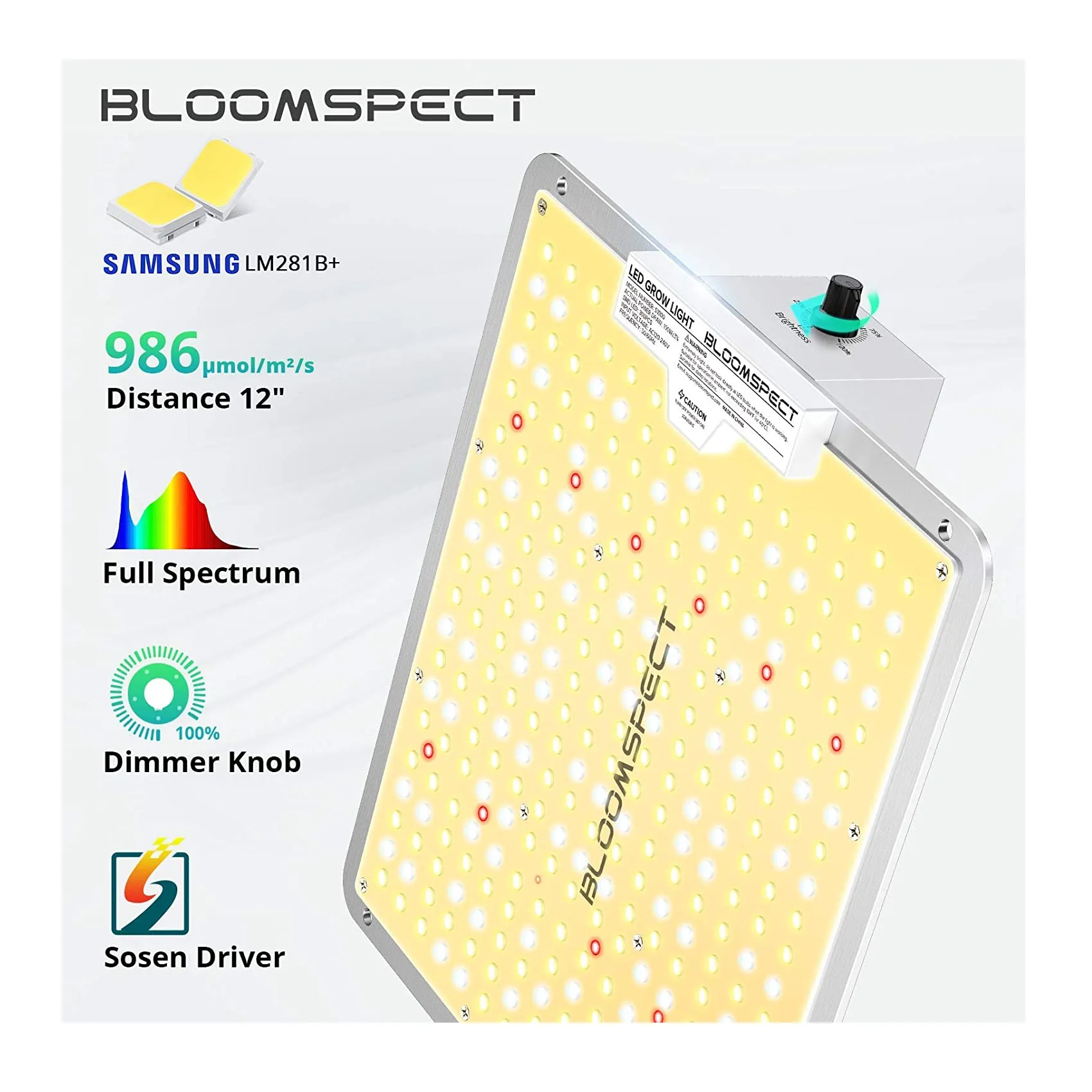 BLOOMSPECT S1000 LED Grow Light for Indoor Plants Full Spectrum with Samsung LEDs and Sosen Driver