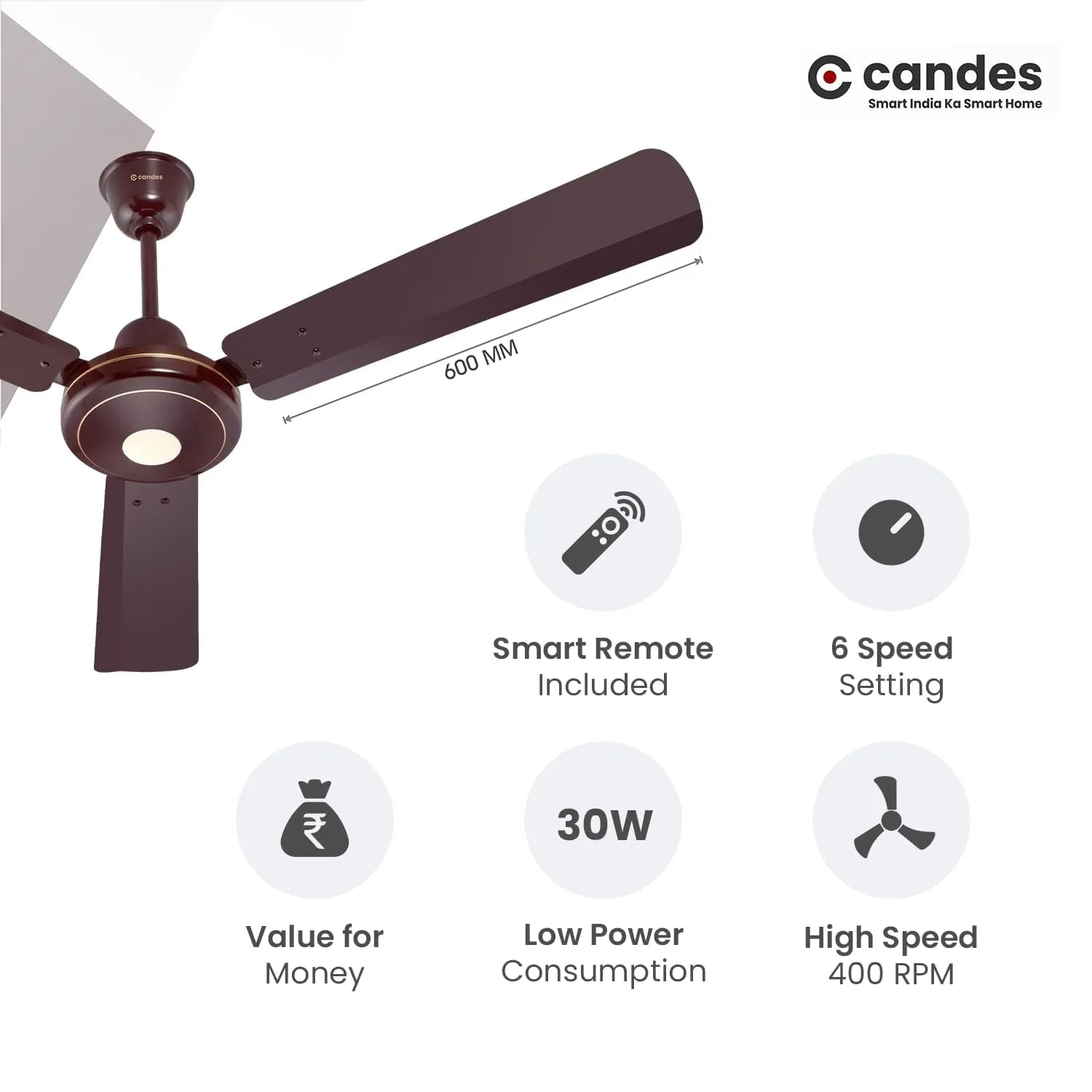 Candes Acura BLDC Ceiling Fan 1200mm / 48 inch | BEE 5 Star Rated, Upto 65% Energy Saving, High Air Delivery & High Speed Ceiling Fans for Home | 2 1 Years Warranty | Brown