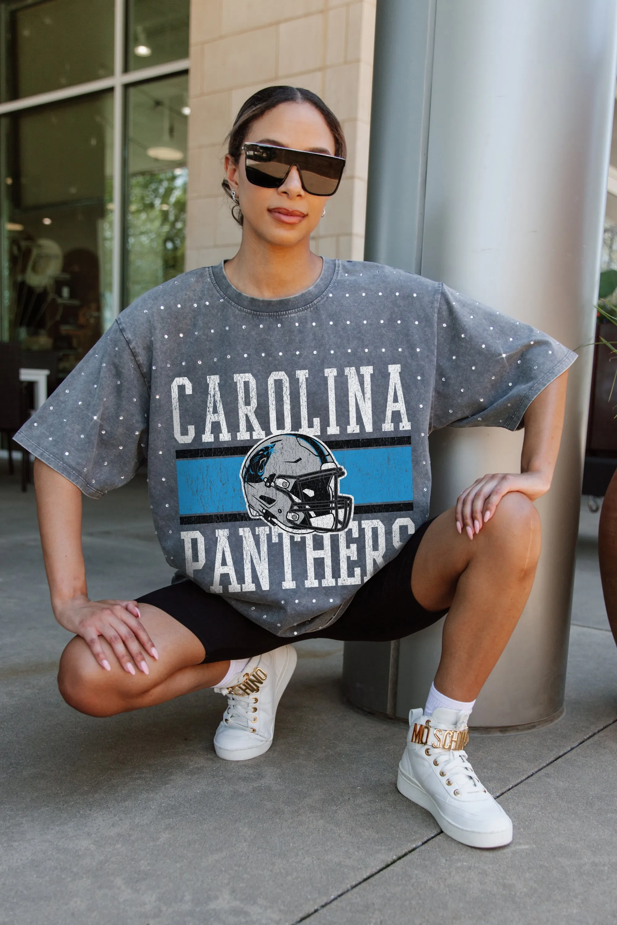 CAROLINA PANTHERS ON THE BALL MINI RHINESTONE SHORT SLEEVE CLASSIC TEE