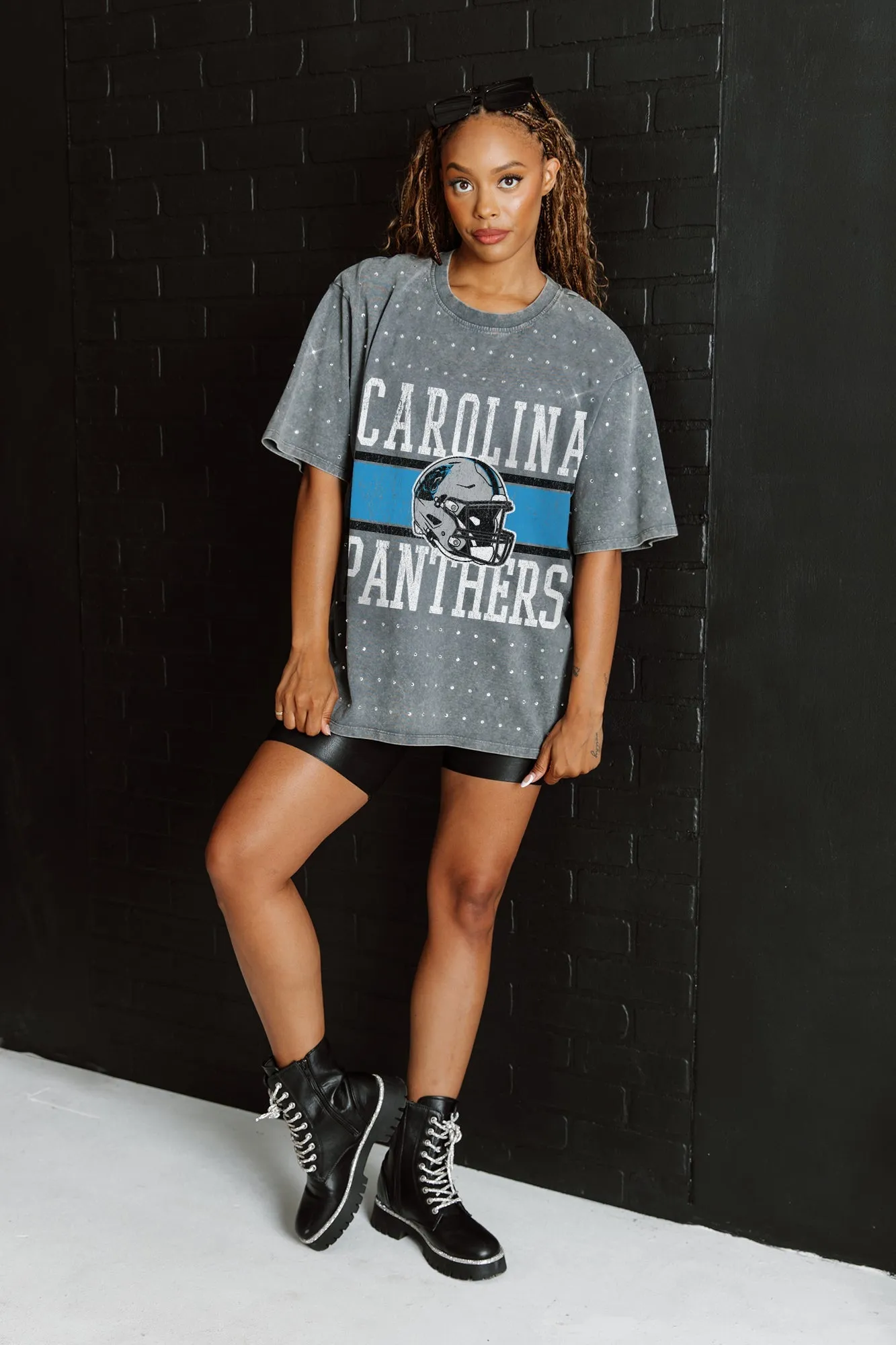 CAROLINA PANTHERS ON THE BALL MINI RHINESTONE SHORT SLEEVE CLASSIC TEE