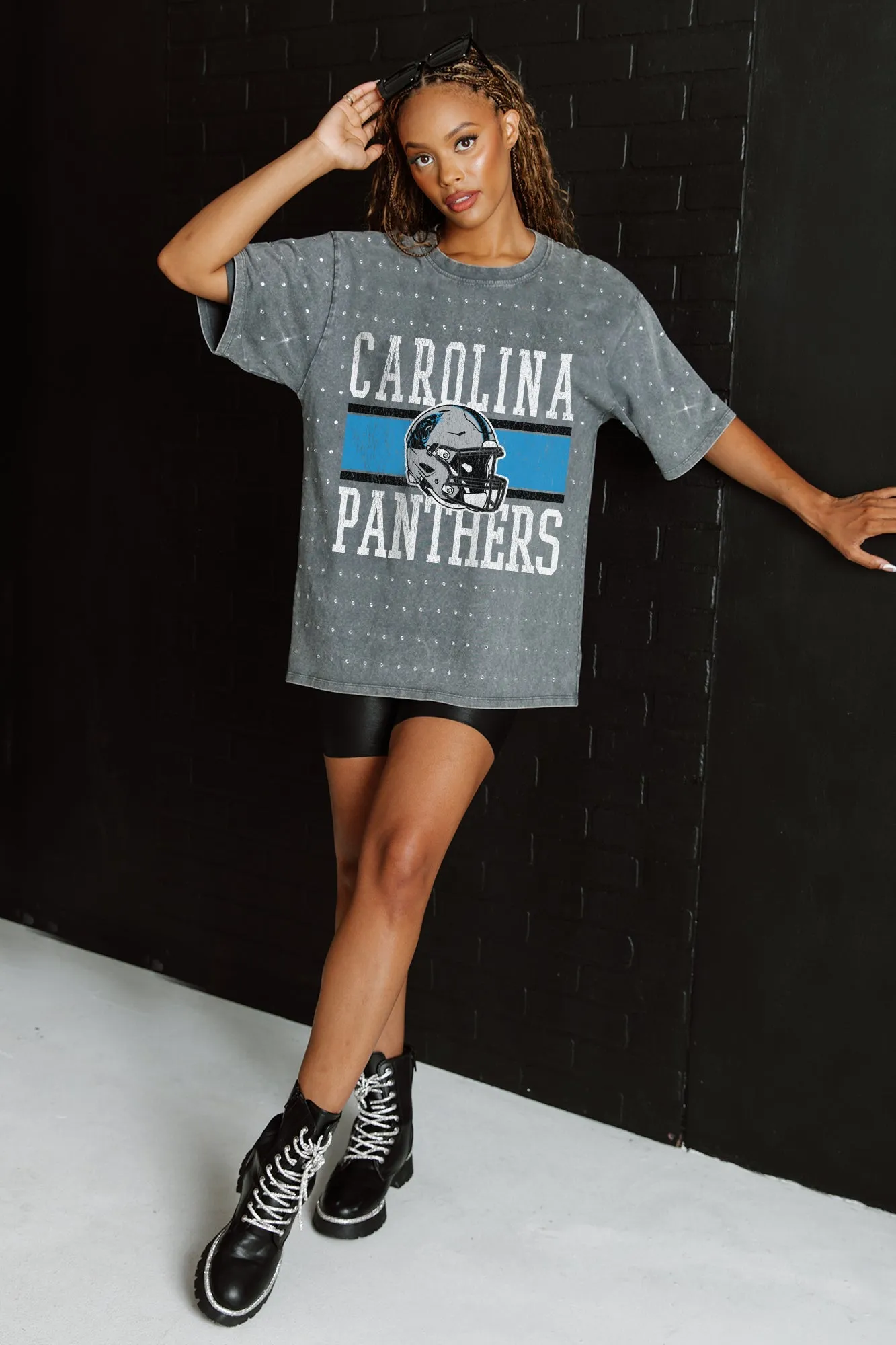 CAROLINA PANTHERS ON THE BALL MINI RHINESTONE SHORT SLEEVE CLASSIC TEE