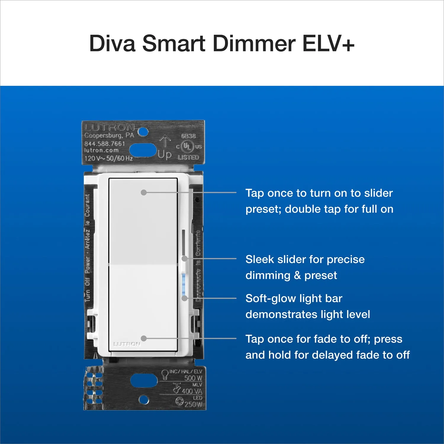 Caseta Smart Dimmer Switch ELV , 250 Watts, Neutral Required, Black