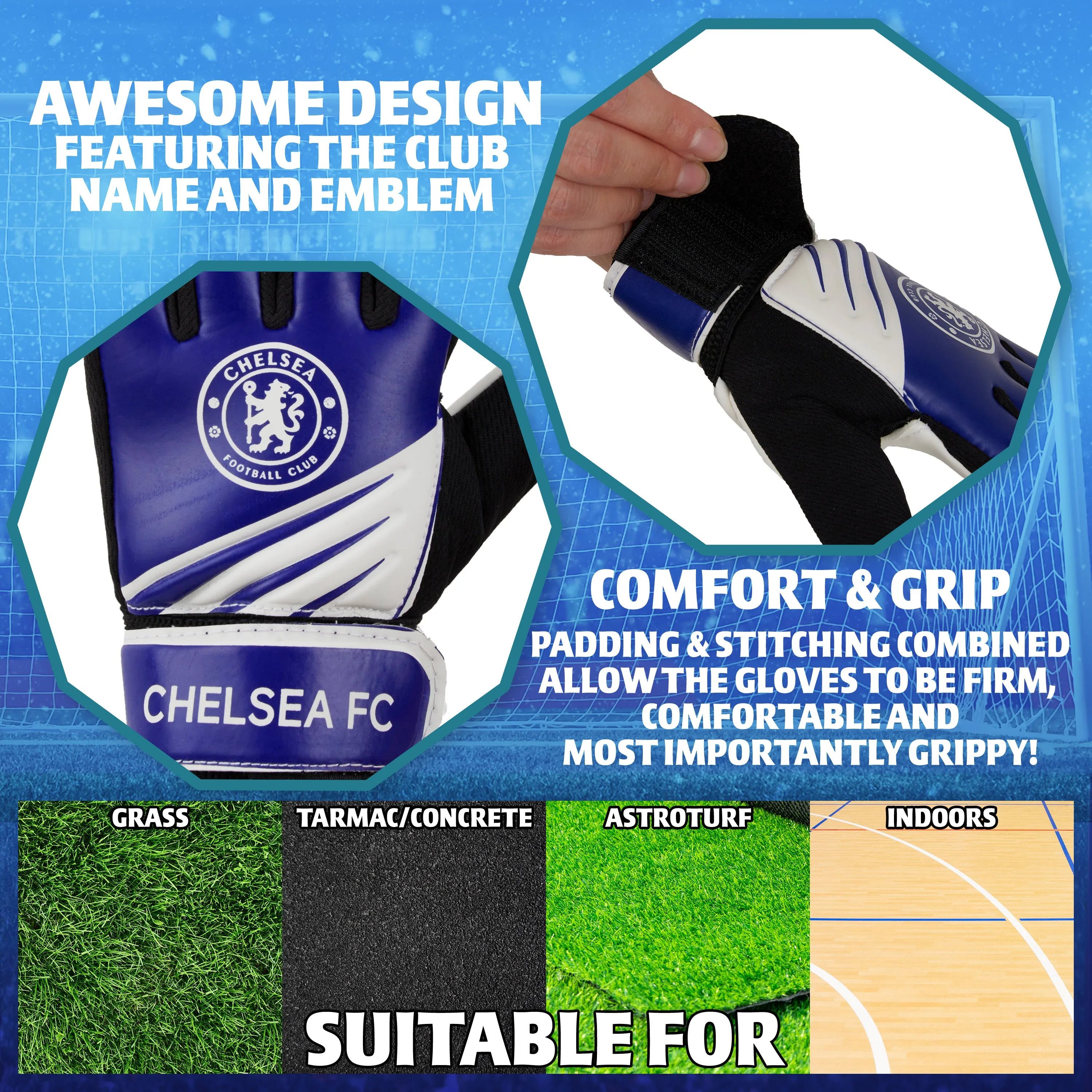 Chelsea F.C. Goalkeeper Gloves for Kids and Teenagers - Size 7