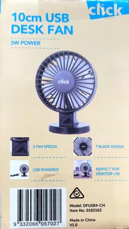 Click 10cm USB Powered Desk Fan/3 Fan Speed Settings/7 Blade Design