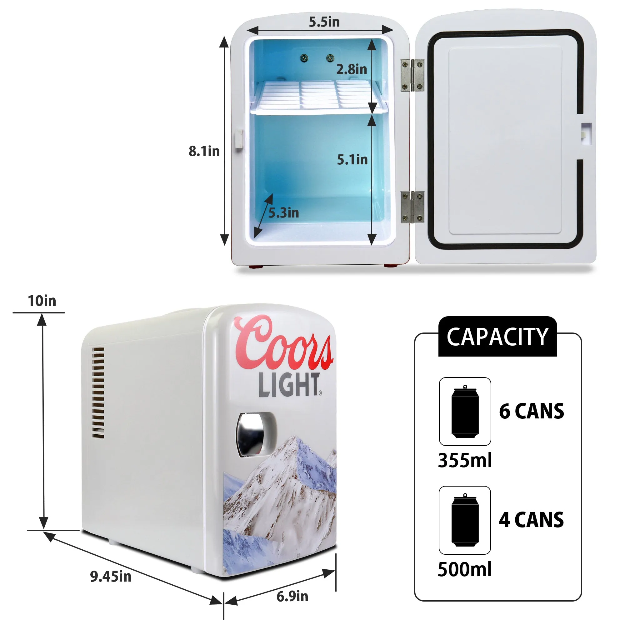 Coors Light 6 Can Mini Fridge, 4 L (4.2 qt) Portable Thermoelectric Cooler, Gray, for Beer, Snacks, Lunch, Drinks, Skincare, Cosmetics, Unique Desk Accessory for Home, Office, Bar, Dorm