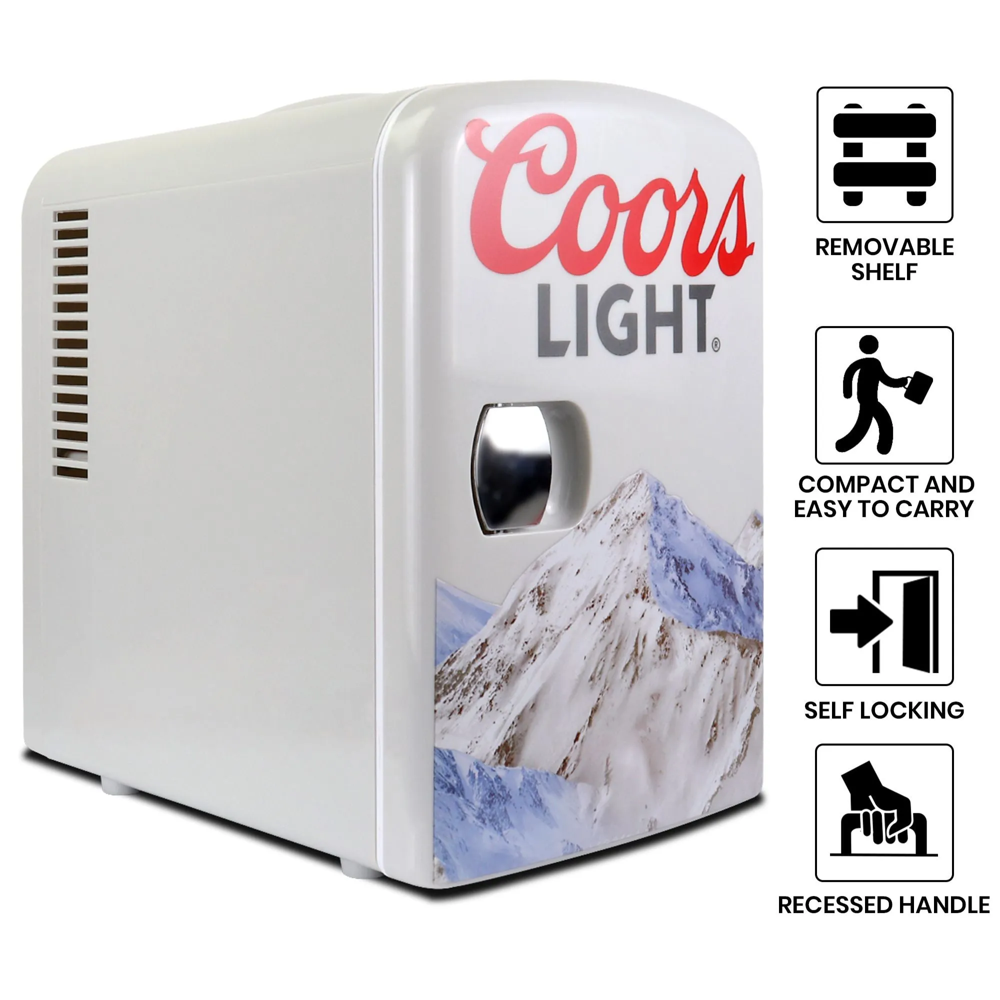 Coors Light 6 Can Mini Fridge, 4 L (4.2 qt) Portable Thermoelectric Cooler, Gray, for Beer, Snacks, Lunch, Drinks, Skincare, Cosmetics, Unique Desk Accessory for Home, Office, Bar, Dorm