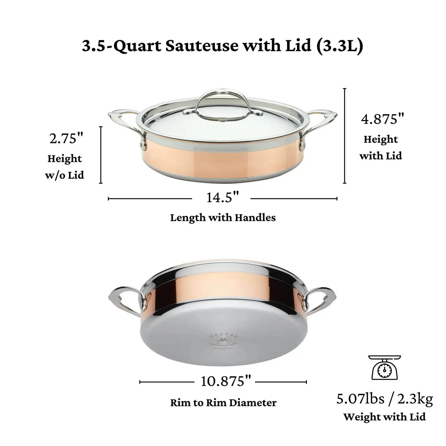 Copper Induction Sauteuse with Lid, 3.5-Quart