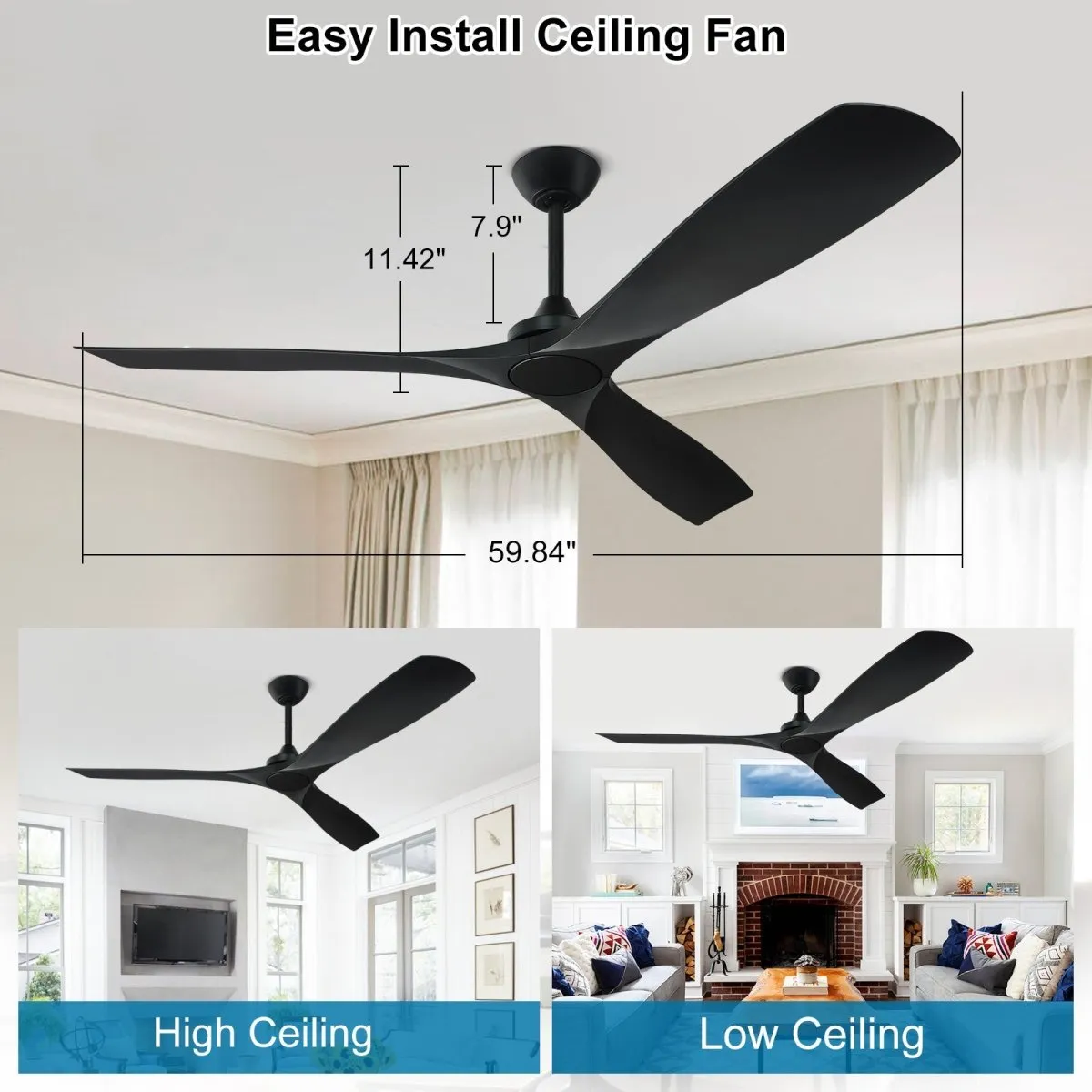 Depuley 60 Inch Large Remote Ceiling Fan Without Light, Low Profile Ceiling Fan No Light with 3 Blades and Noiseless Reversible DC Motor for Patio, Kitchen, Farmhouse & Covered Outdoor, Timer - Black