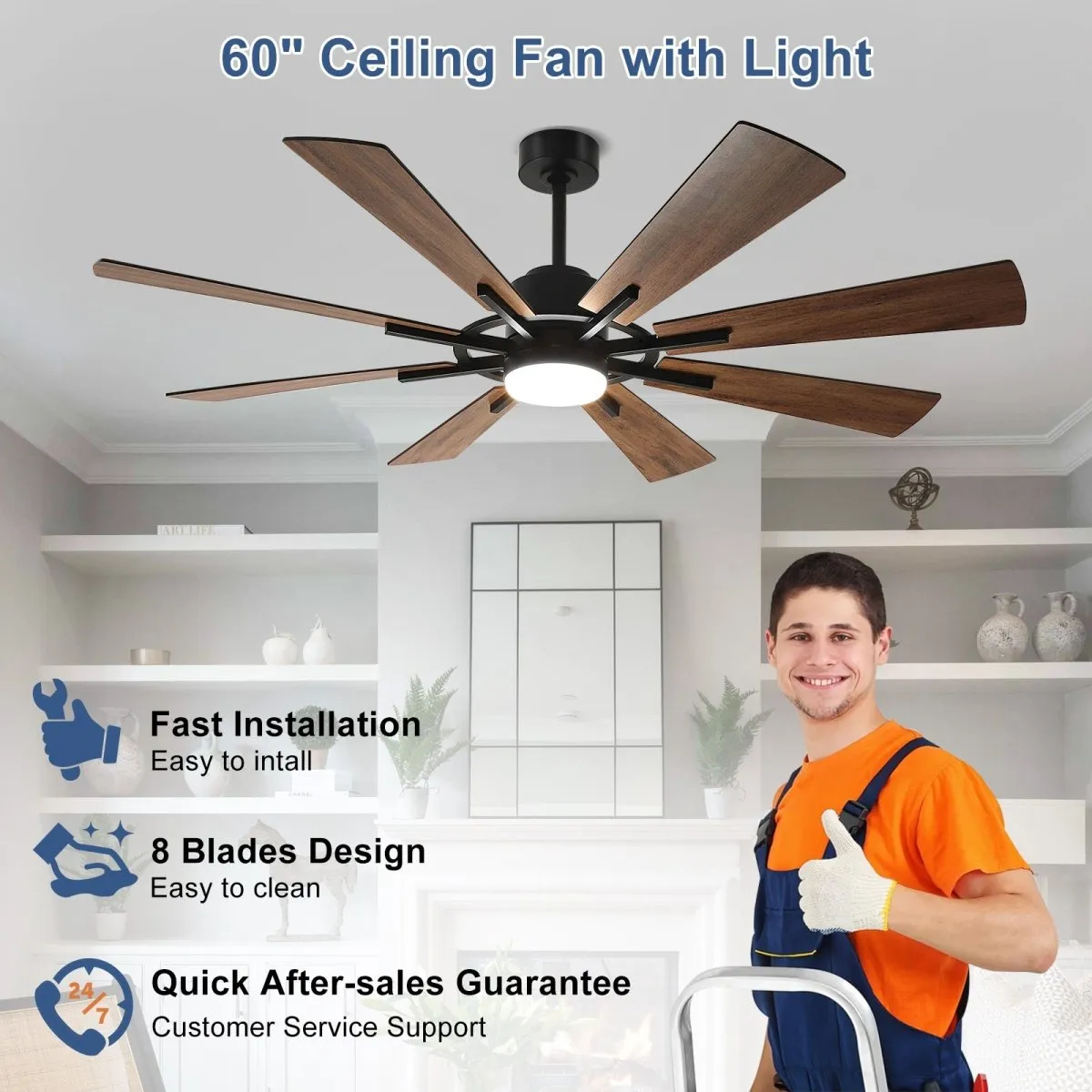 Depuley 60" Ceiling Fan with Lights and Remote Control, Farmhouse Large Ceiling Fan, Reversible Motor and 8 Blades, 3CCT Selectable for Living Room Basement Porch Patio, 5-Speed Remote Control, Timer