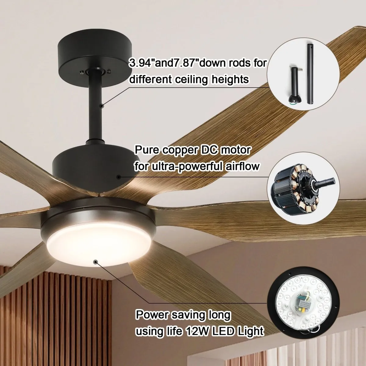 Depuley 66" Ceiling Fans with Lights Remote Control, Indoor Outdoor Black Ceiling Fan with 6 Blades, Dimmable Modern Room Fan for Patio Living Room, Summer House, Office, Reversible Quiet DC Motor