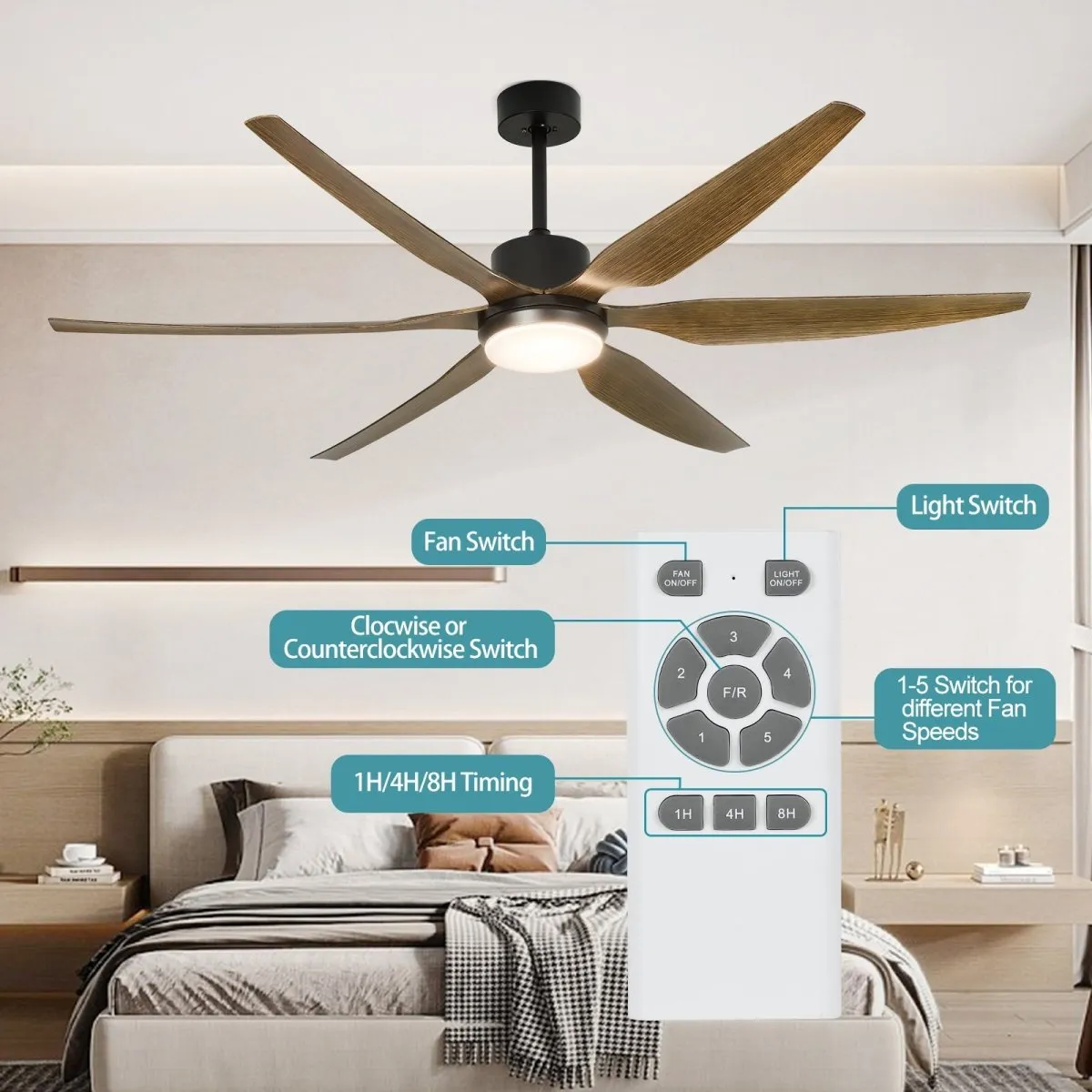 Depuley 66" Ceiling Fans with Lights Remote Control, Indoor Outdoor Black Ceiling Fan with 6 Blades, Dimmable Modern Room Fan for Patio Living Room, Summer House, Office, Reversible Quiet DC Motor