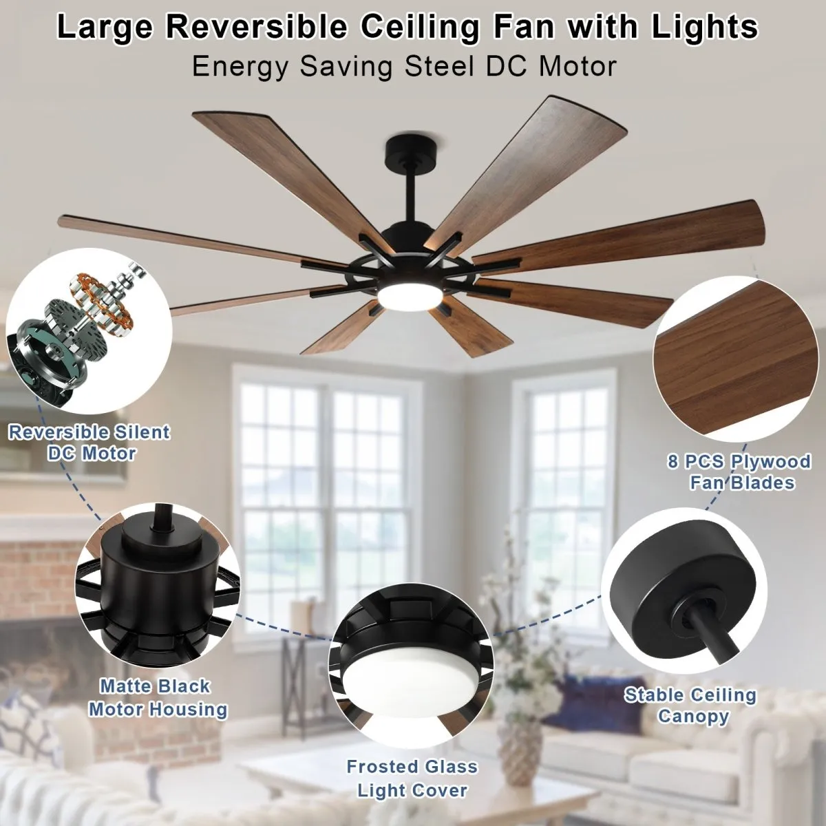 Depuley 72" DC Ceiling Fan with Lights Remote Control, Large Modern Black LED Ceiling Fans, 3-Color Reversible 8 Blades 5 Speed Quiet Motor for Living Room, Patio Hall, Office & Covered Outdoor, Timer