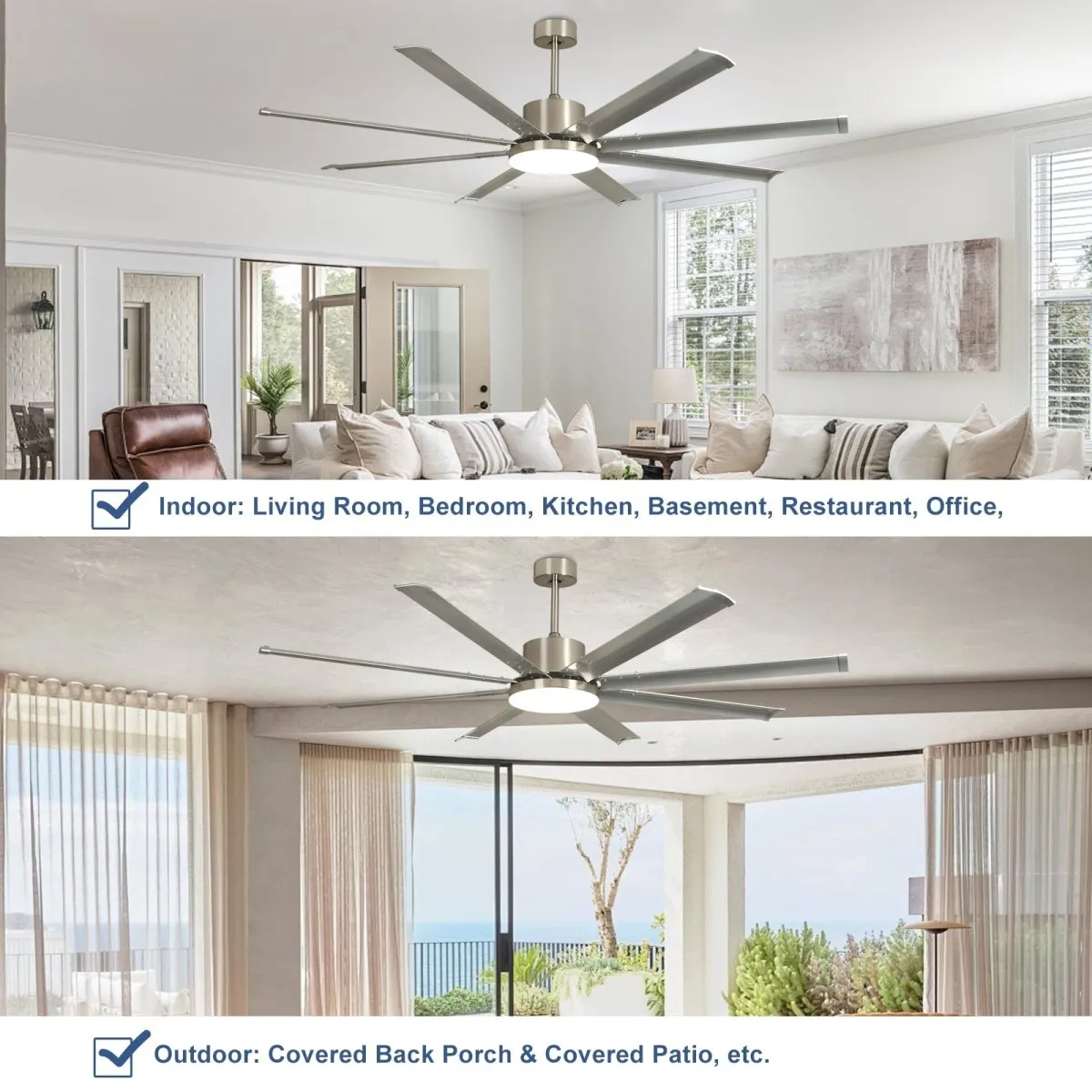 Depuley 72" Large Ceiling Fans with Light and remote, Modern Nickel Reversible Ceiling Fan with Light LED and 8 Aluminum Blades, Outdoor DC Ceiling Fans with 6-Speed for Covered Patios, 3CCT, Timer