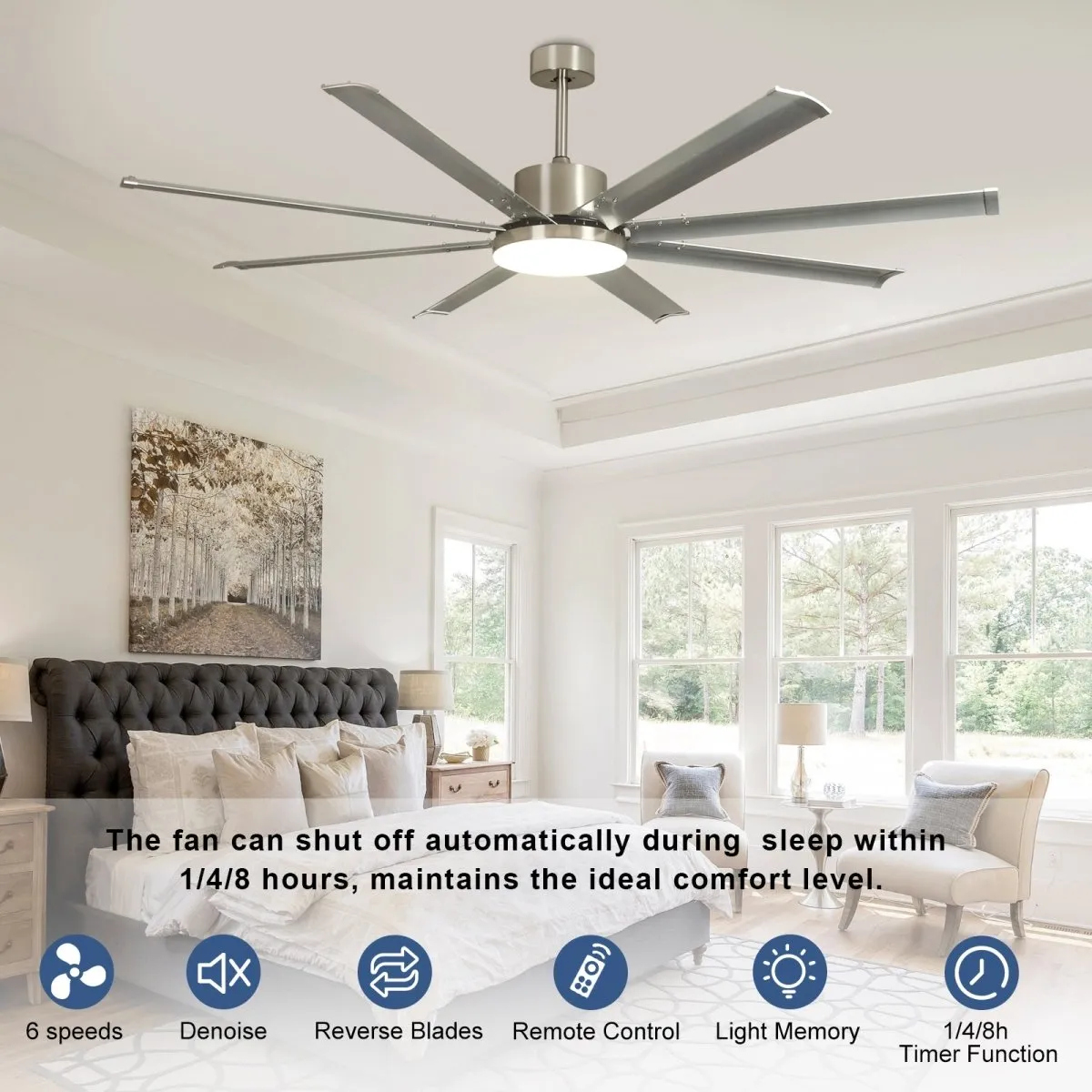 Depuley 72" Large Ceiling Fans with Light and remote, Modern Nickel Reversible Ceiling Fan with Light LED and 8 Aluminum Blades, Outdoor DC Ceiling Fans with 6-Speed for Covered Patios, 3CCT, Timer