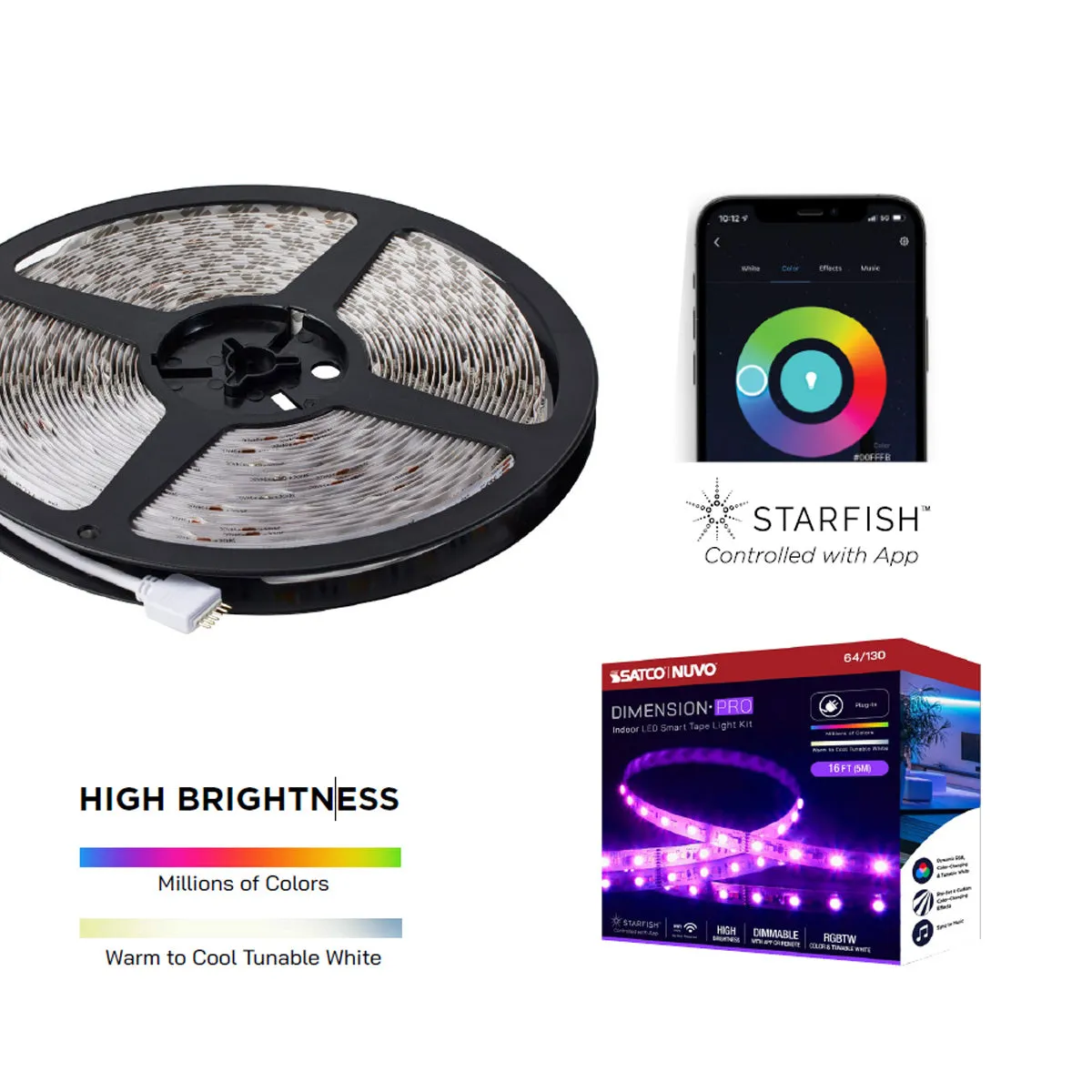 Dimension Pro LED Smart Tape Light Kit with Remote, 16ft Reel, Color Changing RGB and Tunable White, 24V, Plug Connection