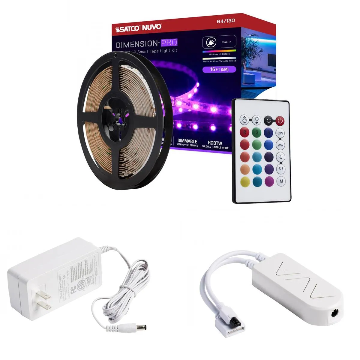 Dimension Pro LED Smart Tape Light Kit with Remote, 16ft Reel, Color Changing RGB and Tunable White, 24V, Plug Connection