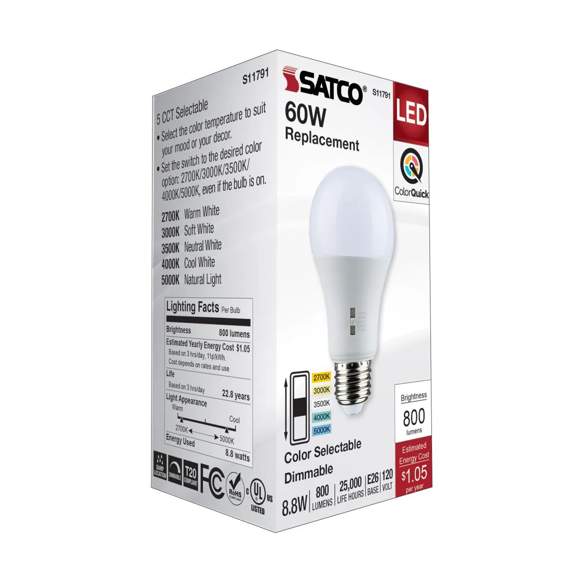 Dimmable A19 LED Bulb, 9 Watts, 800 Lumens, Selectable 30K/40K/50K, 60W Equal, E26 Medium